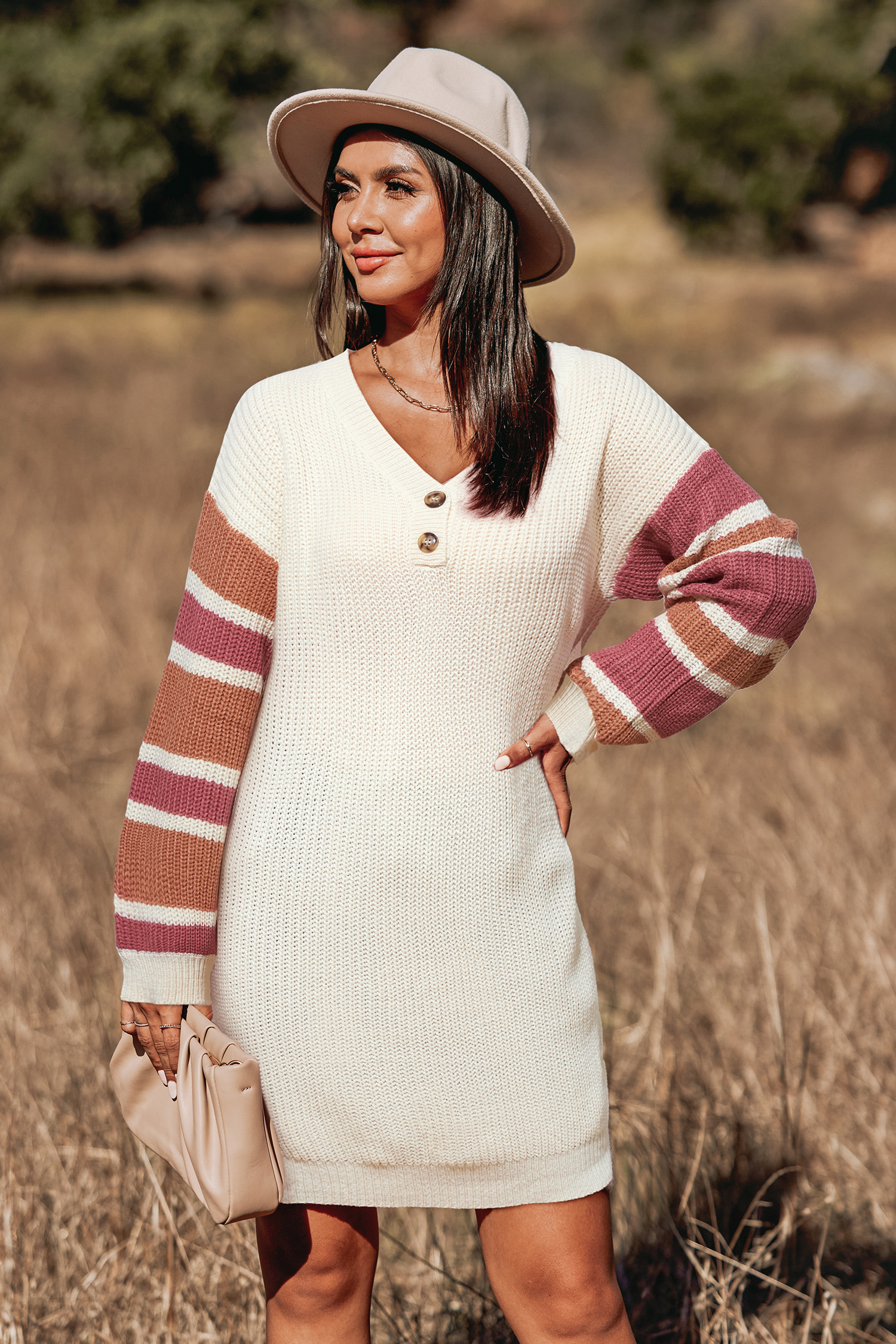 Knit V-Neck Striped Long Sleeve Loose Fit Mini Dress