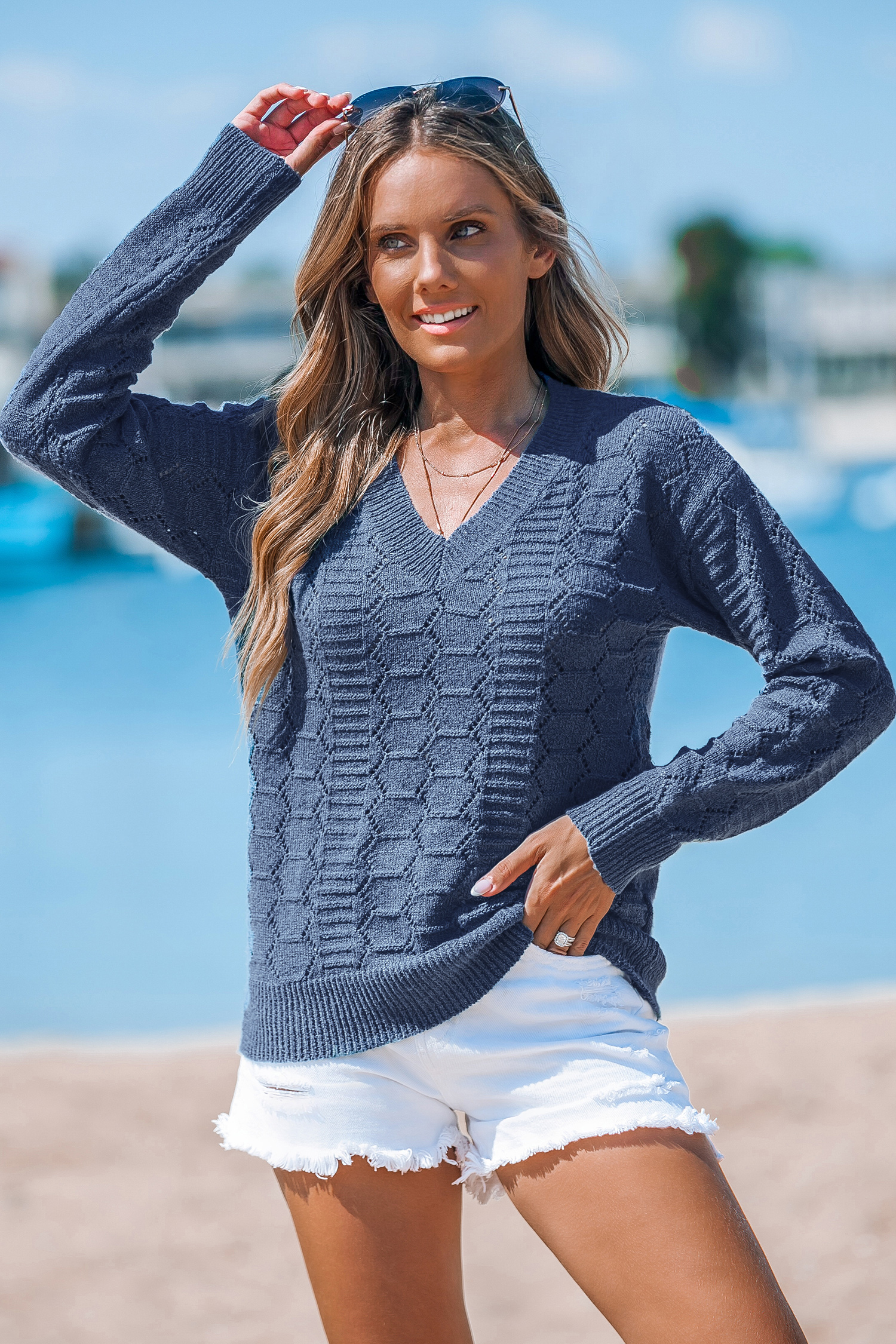 Blue Long Sleeve V-Neck Sweater