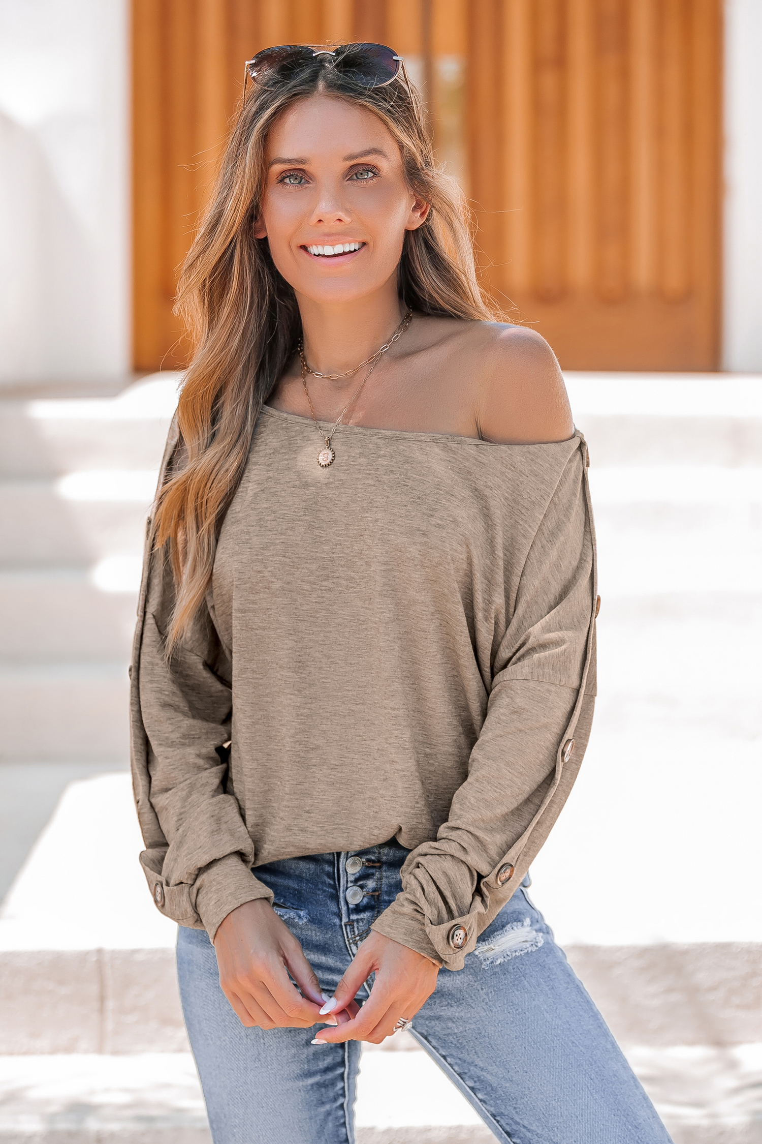 Khaki Off-Shoulder Long Sleeve Tee