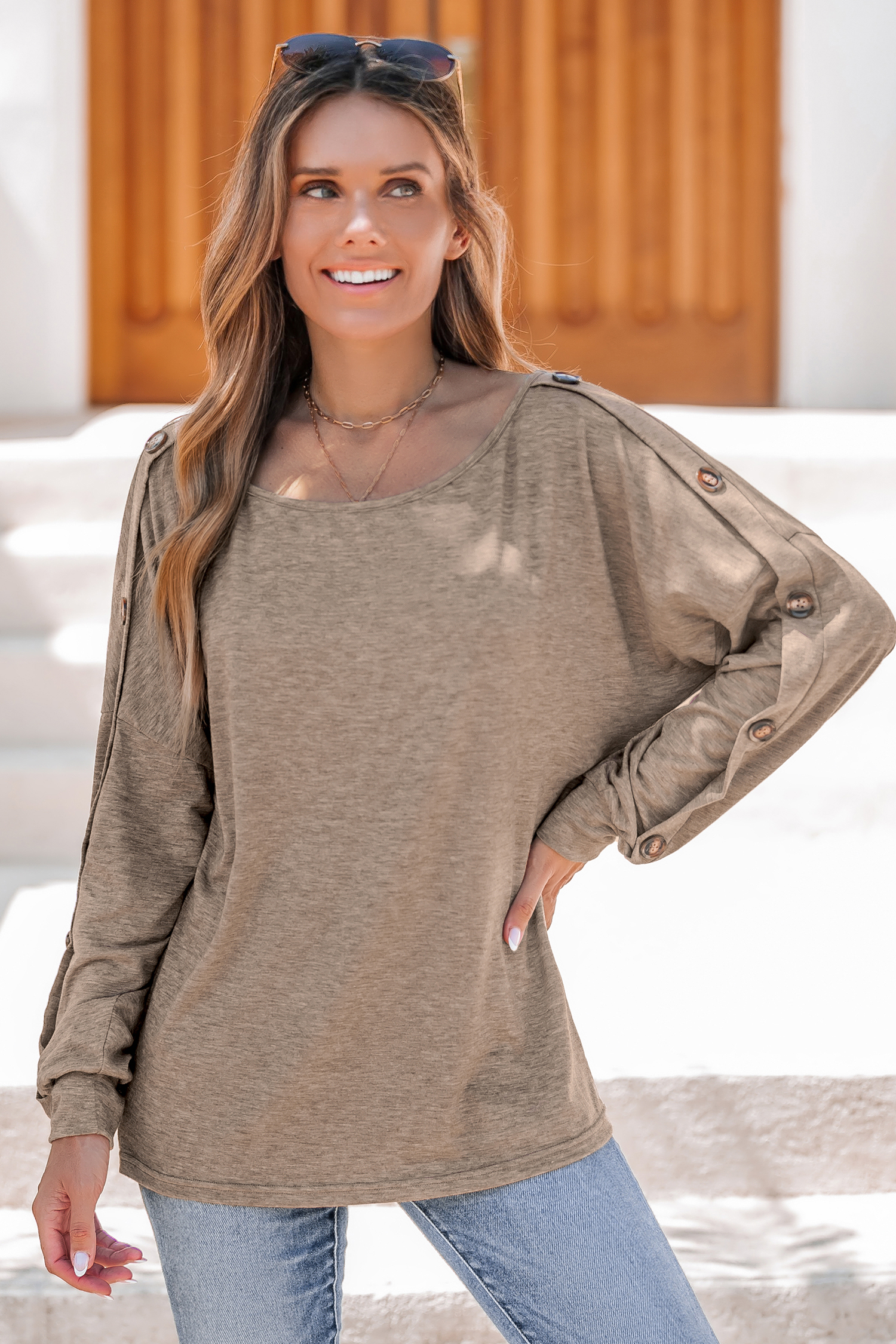 Khaki Off-Shoulder Long Sleeve Tee