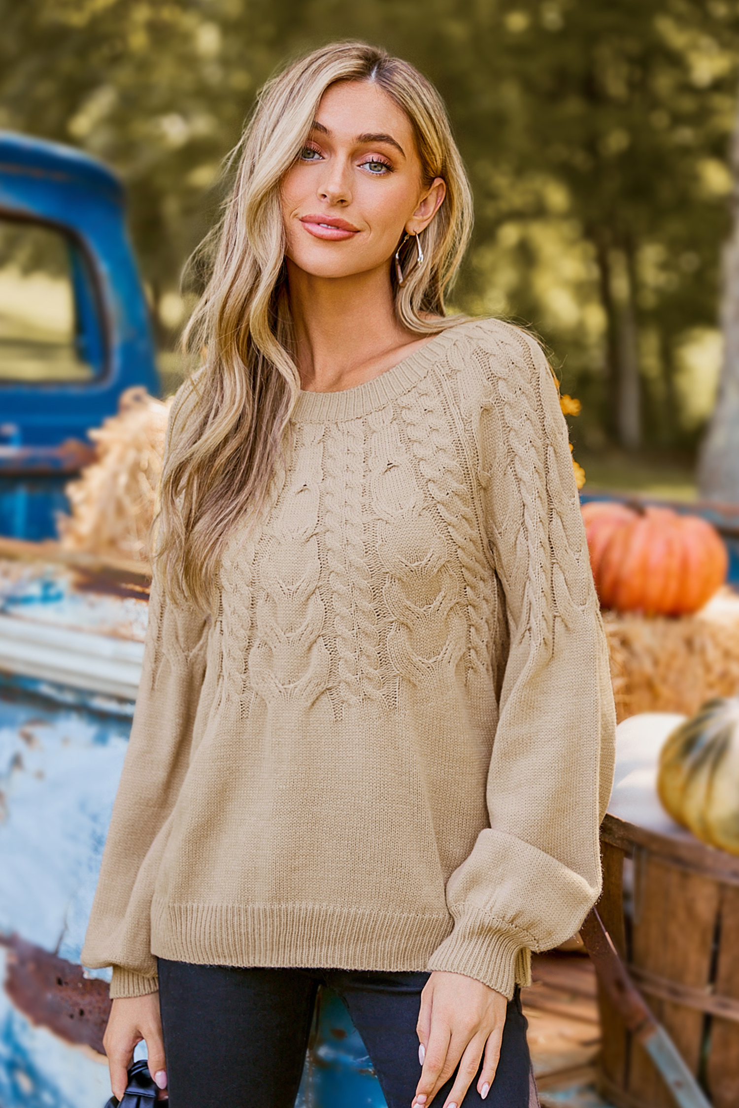 Khaki Cable Knit Blouson Sleeve Sweater