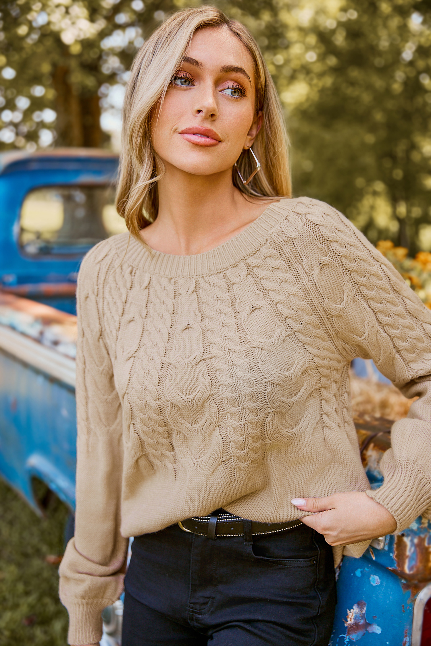 Khaki Cable Knit Blouson Sleeve Sweater