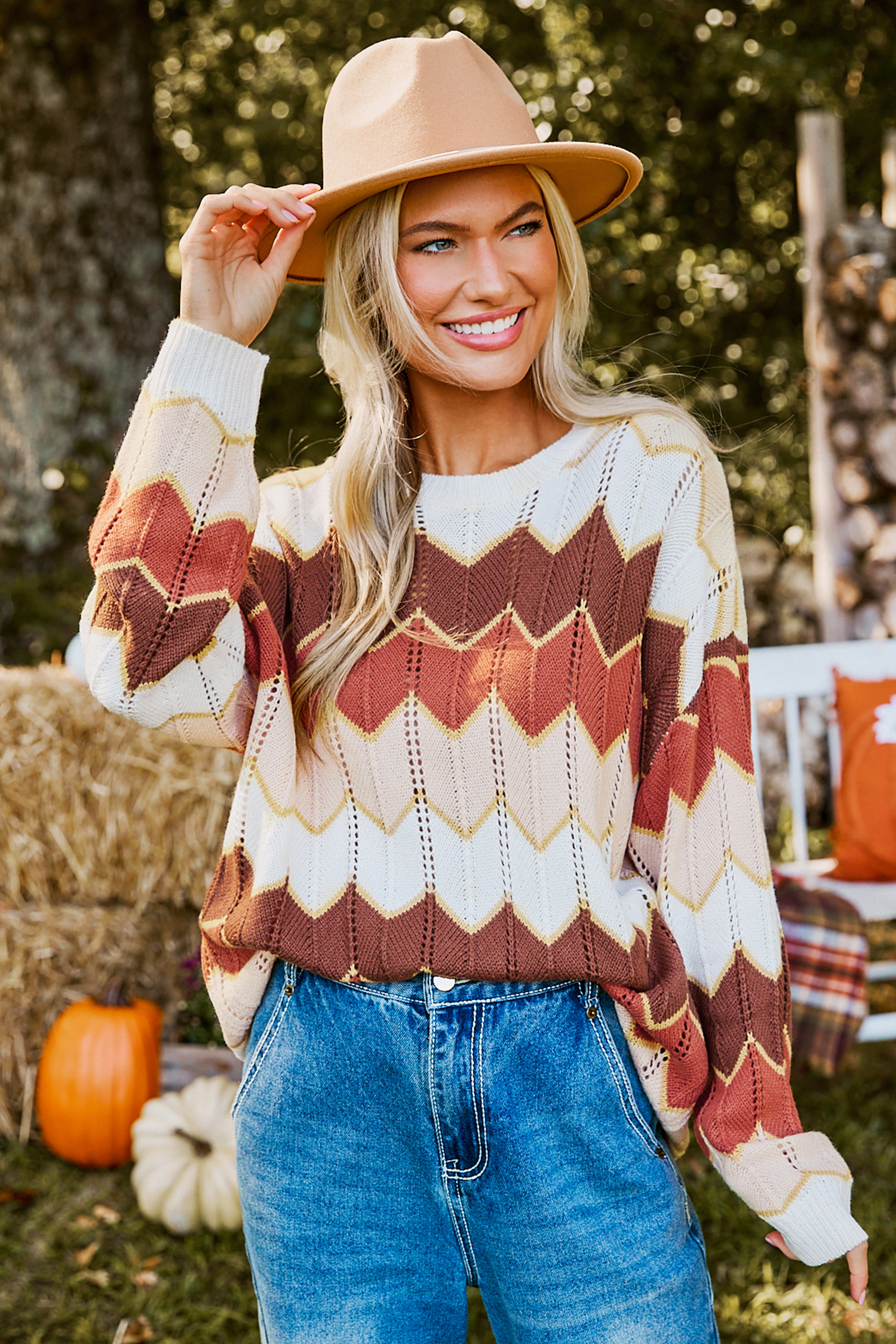 ニット・セーター ASCLO Mix Color Antique Short Sleeve Knit (3color) Chevron Colorblock Round Neck Long Sleeve Sweater
