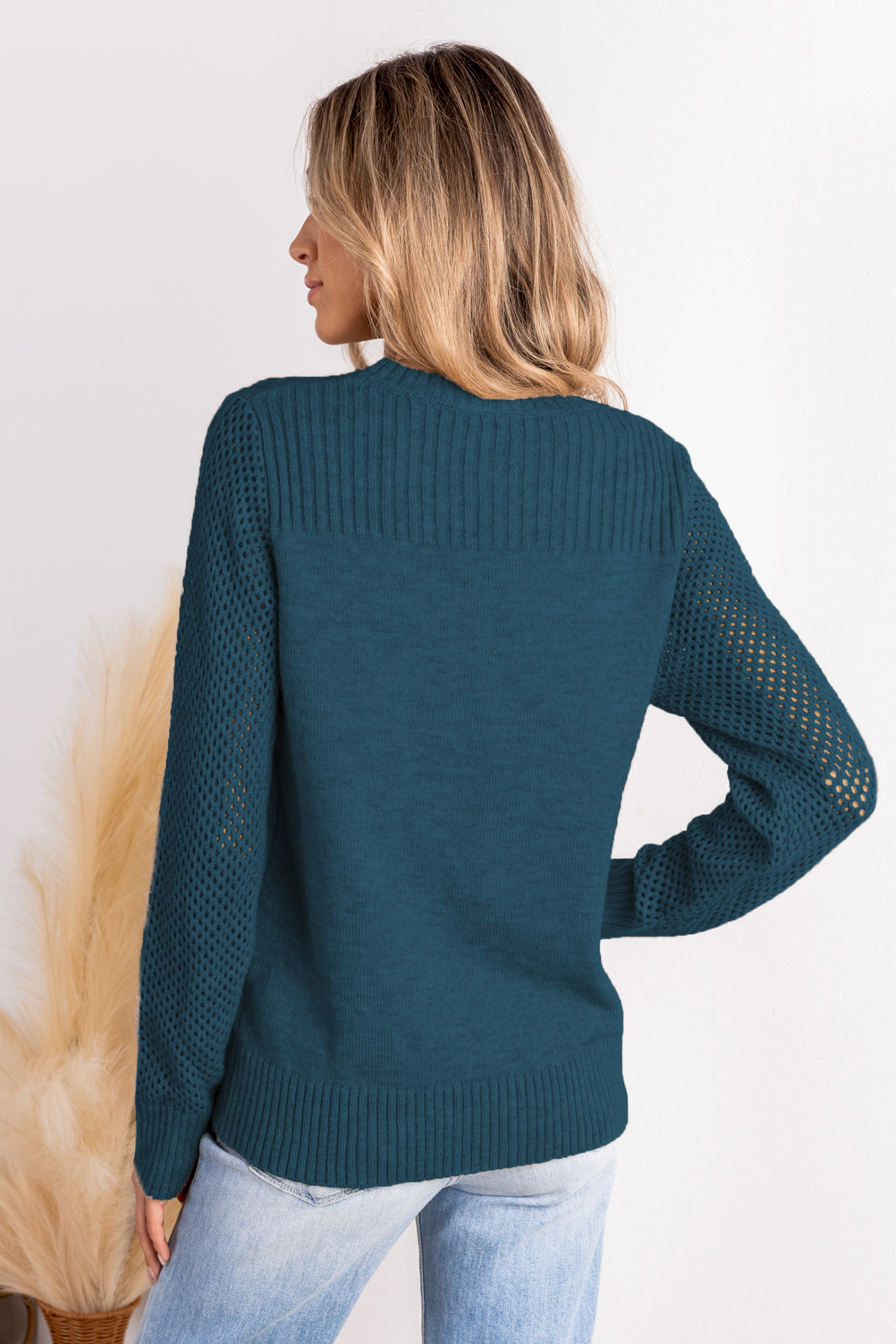 Cupshe Blue Round Neck Perforated Long Sleeve Sweater In Blue