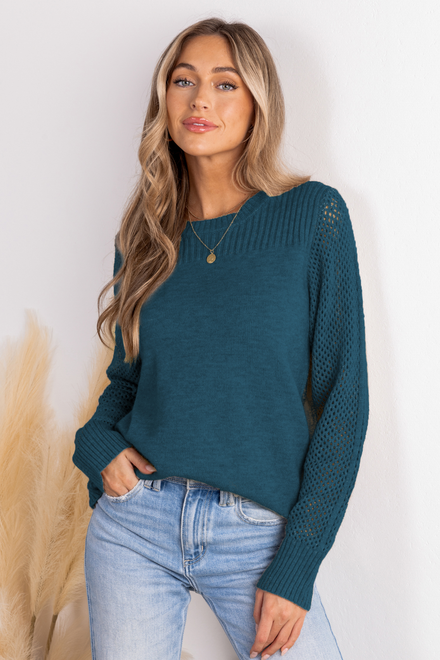 Cupshe Blue Round Neck Perforated Long Sleeve Sweater In Blue