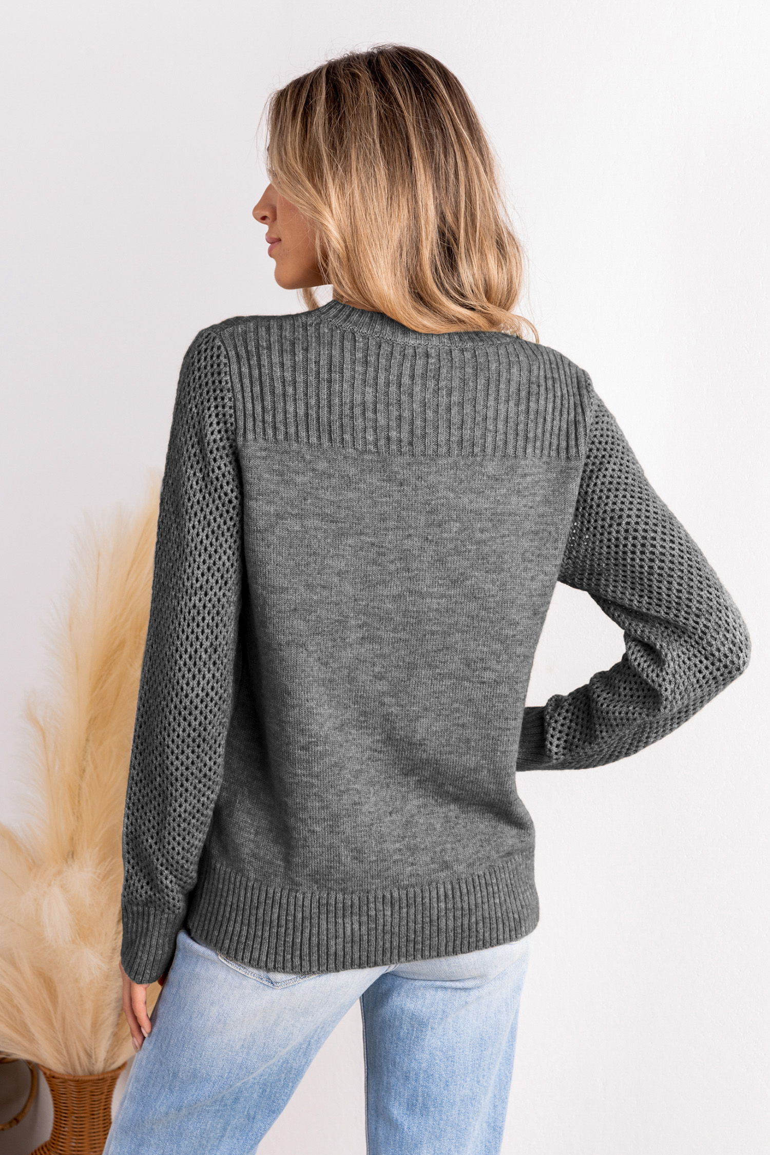 360SWEATER カシミヤ Blue Round Neck Perforated Long Sleeve Sweater