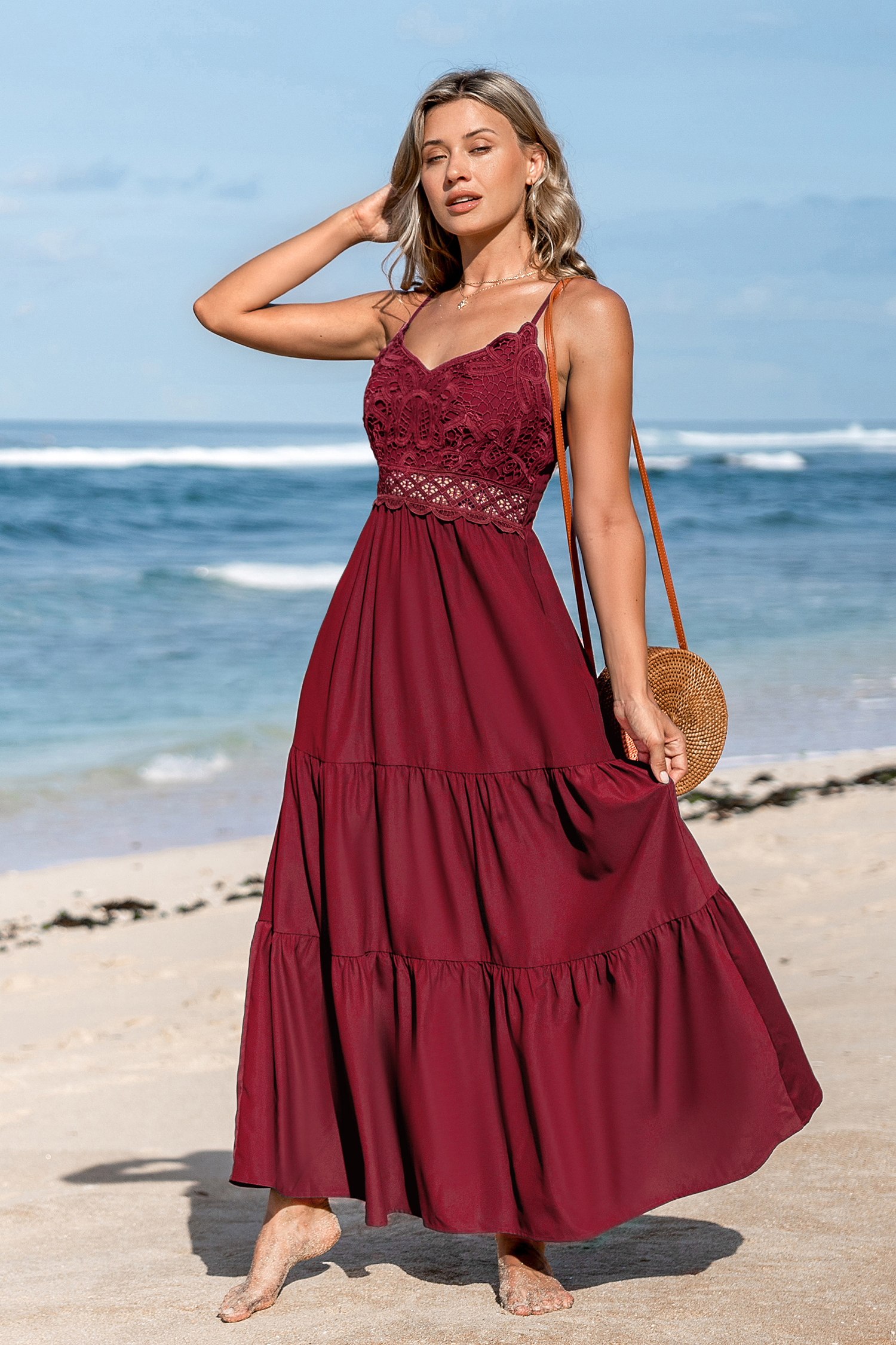 Burgundy Crimson V-Neck Lace Bodice Sleeveless Maxi Dress