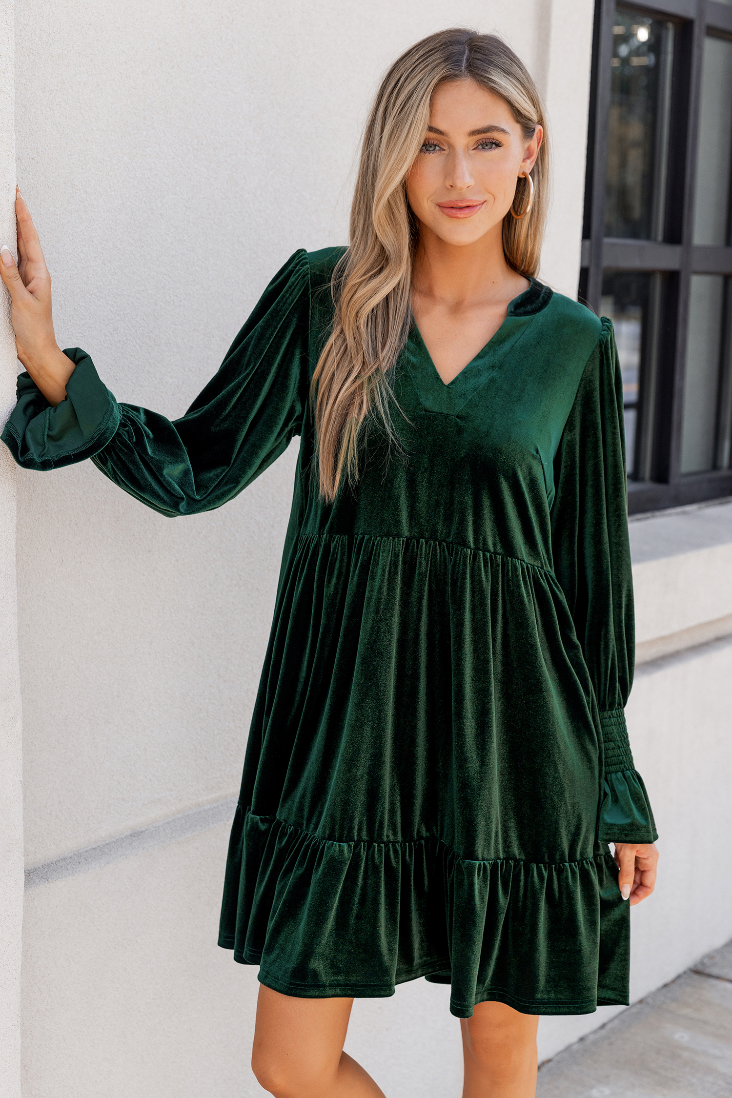 Green V-Neck Long Sleeve Smocked Mini Dress