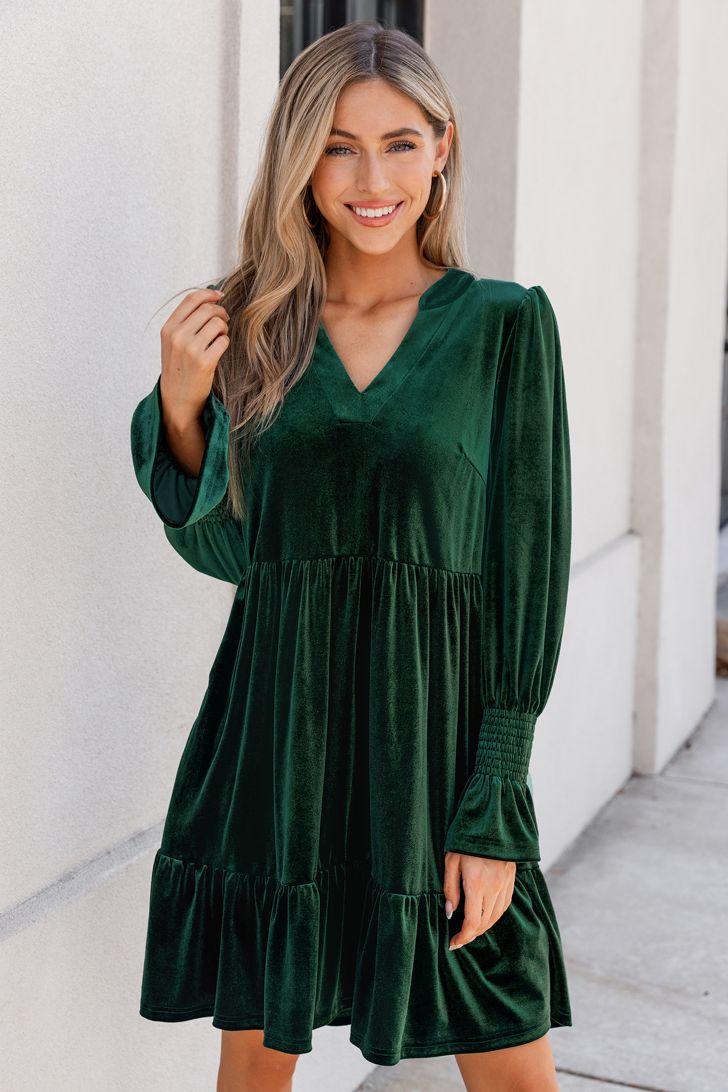 Green V-Neck Long Sleeve Smocked Mini Dress