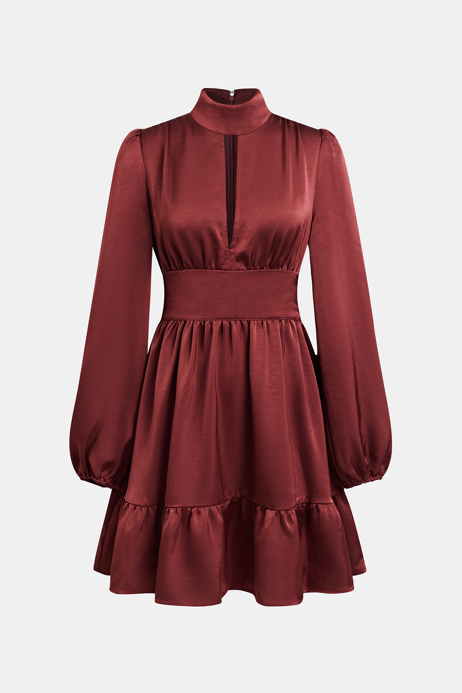 Vestido mini rojo con cuello alto  manga larga y volantes