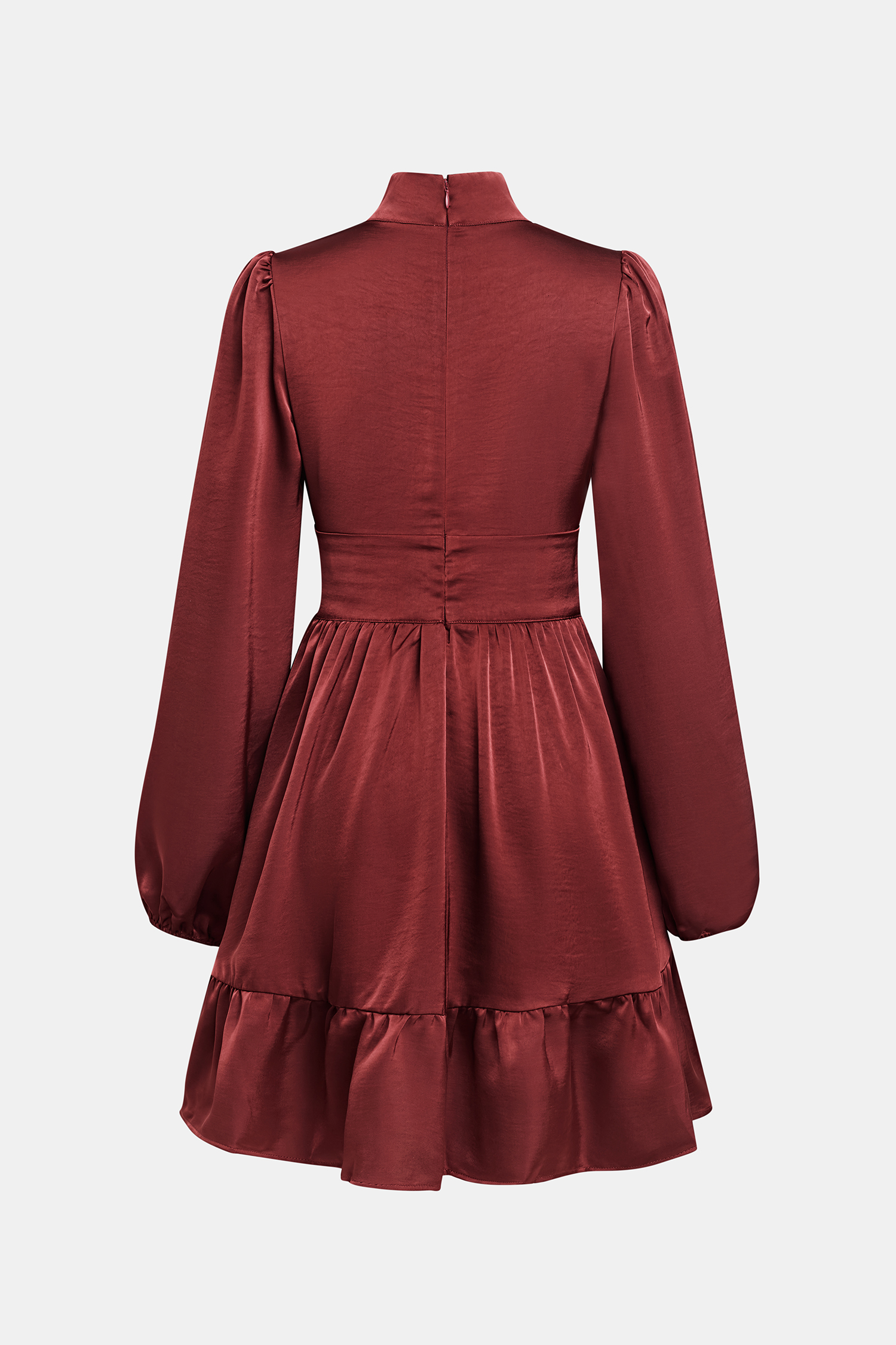 Vestido mini rojo con cuello alto  manga larga y volantes