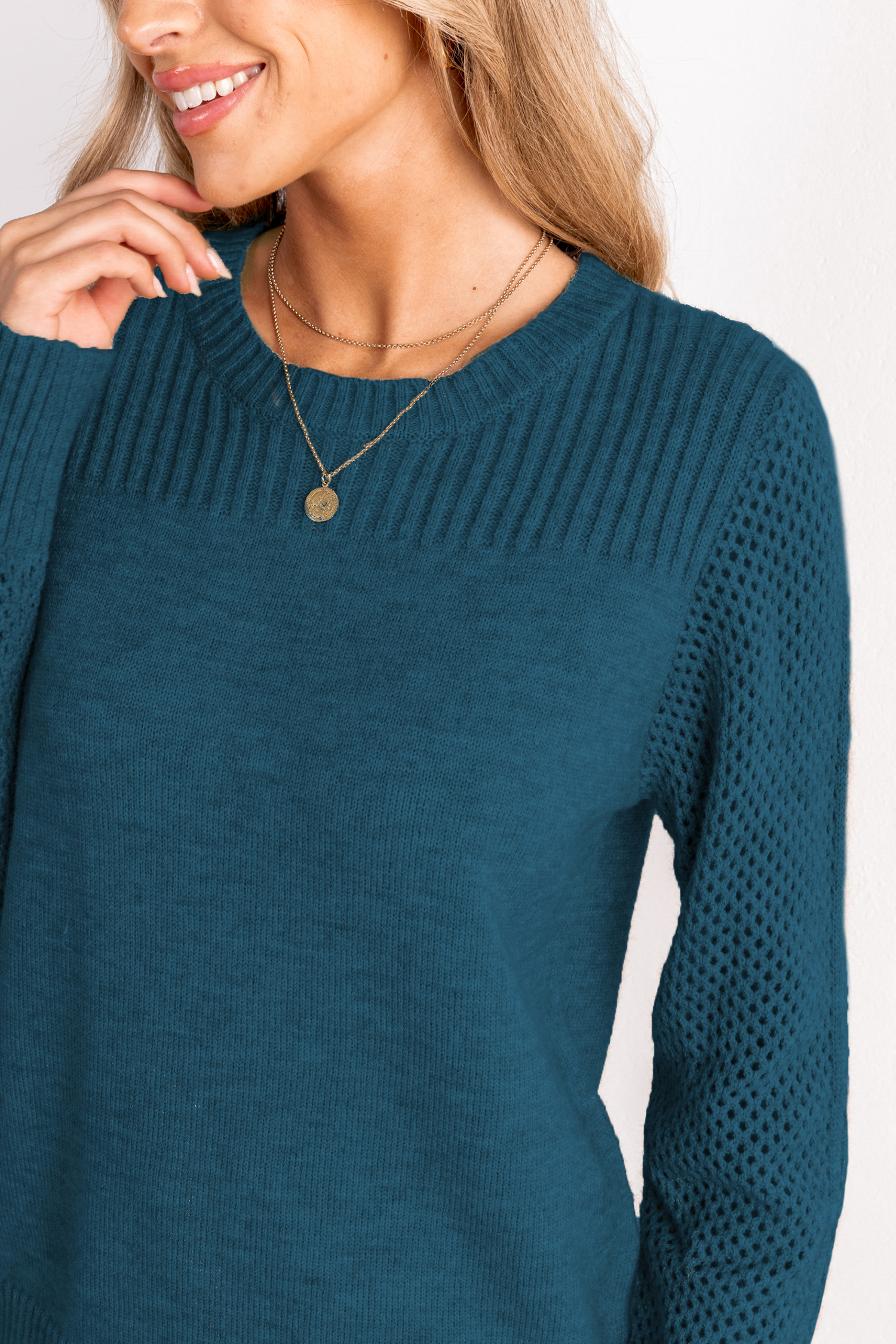 Cupshe Blue Round Neck Perforated Long Sleeve Sweater In Blue