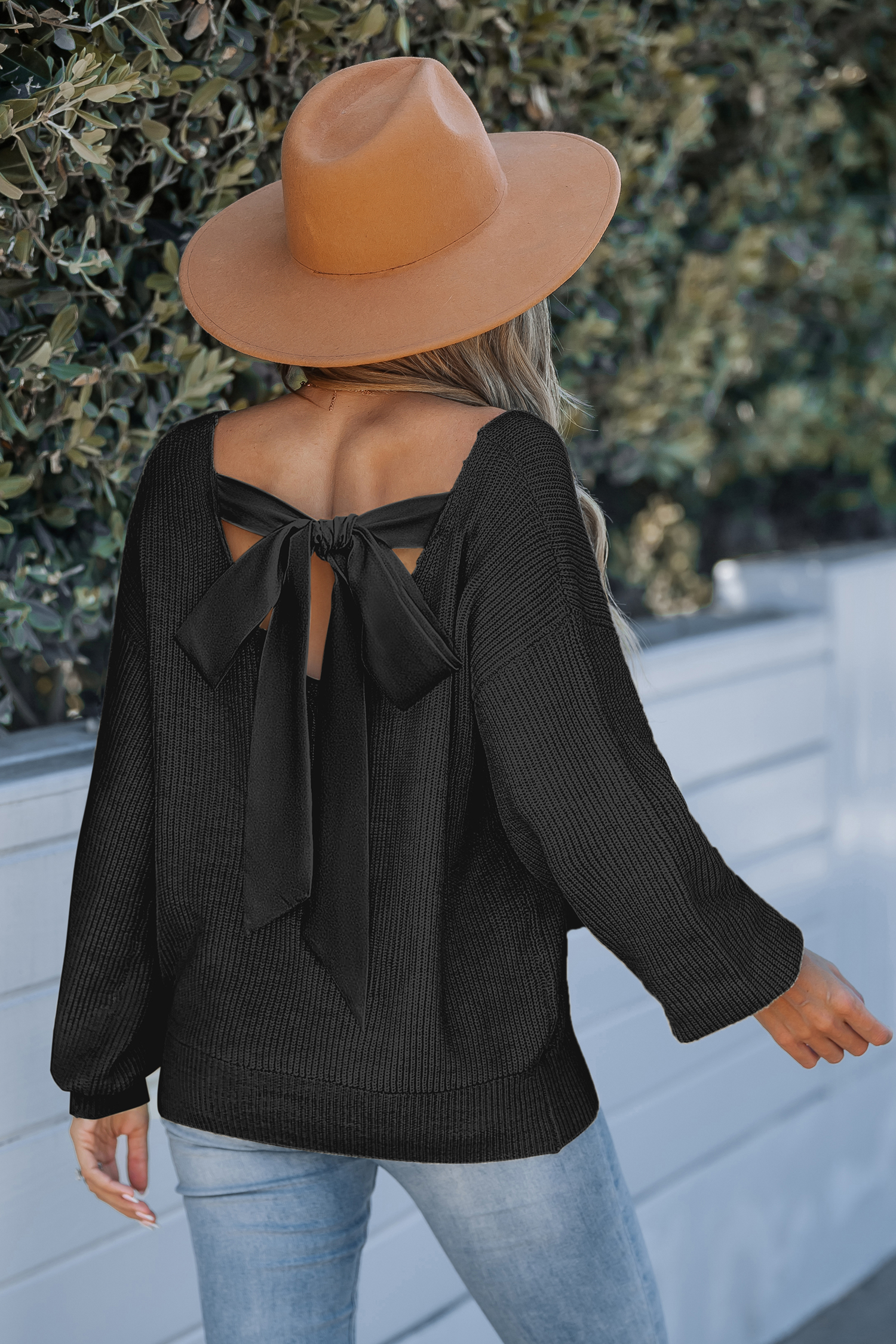 Black Knit Long Sleeve Back Tie Jumper