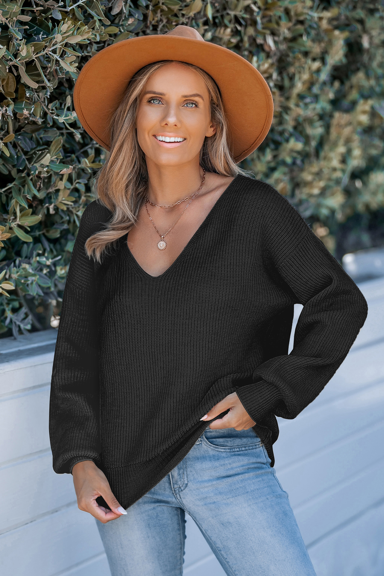 Black Knit Long Sleeve Back Tie Jumper