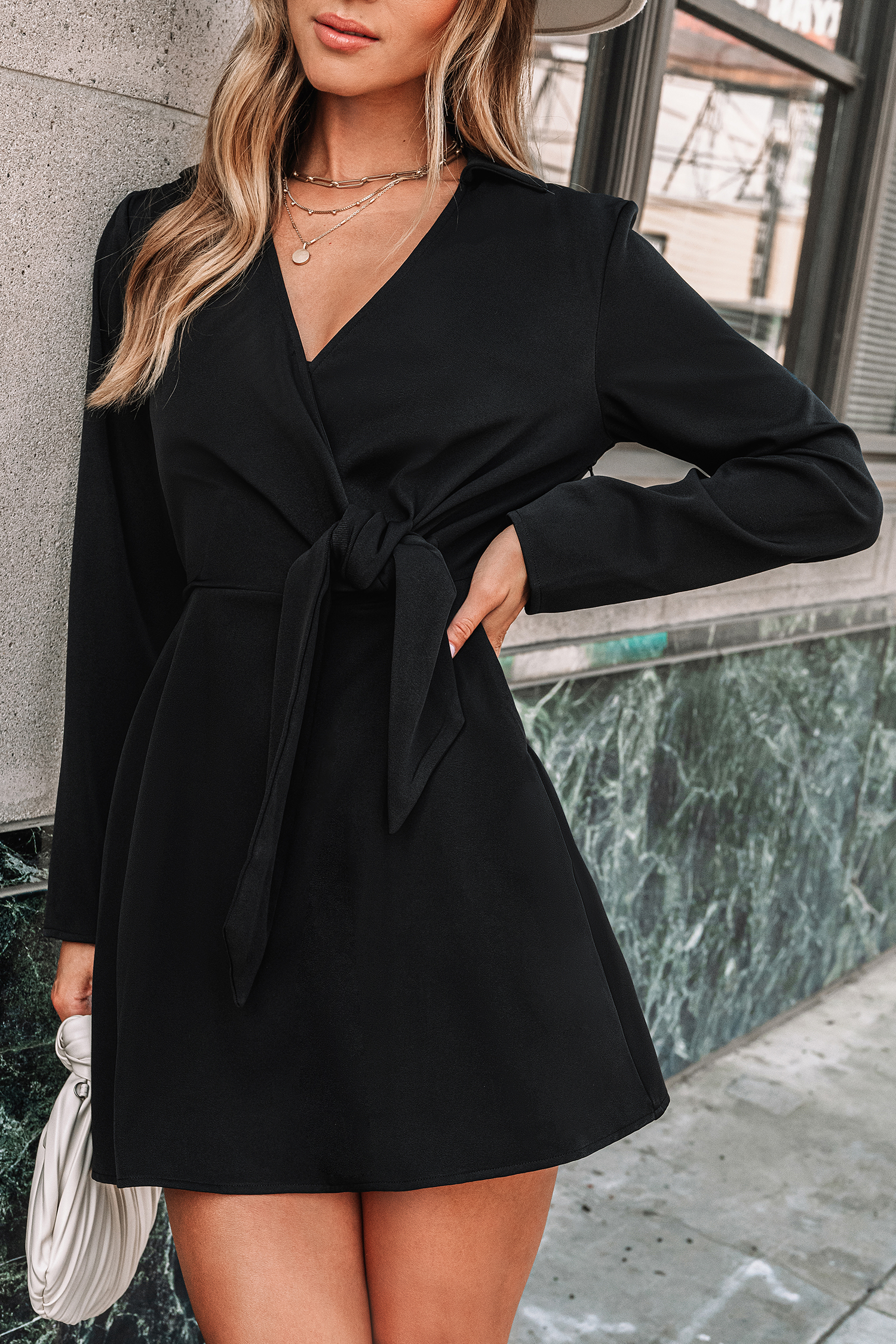 Black Surplice Long Sleeve Mini Dress