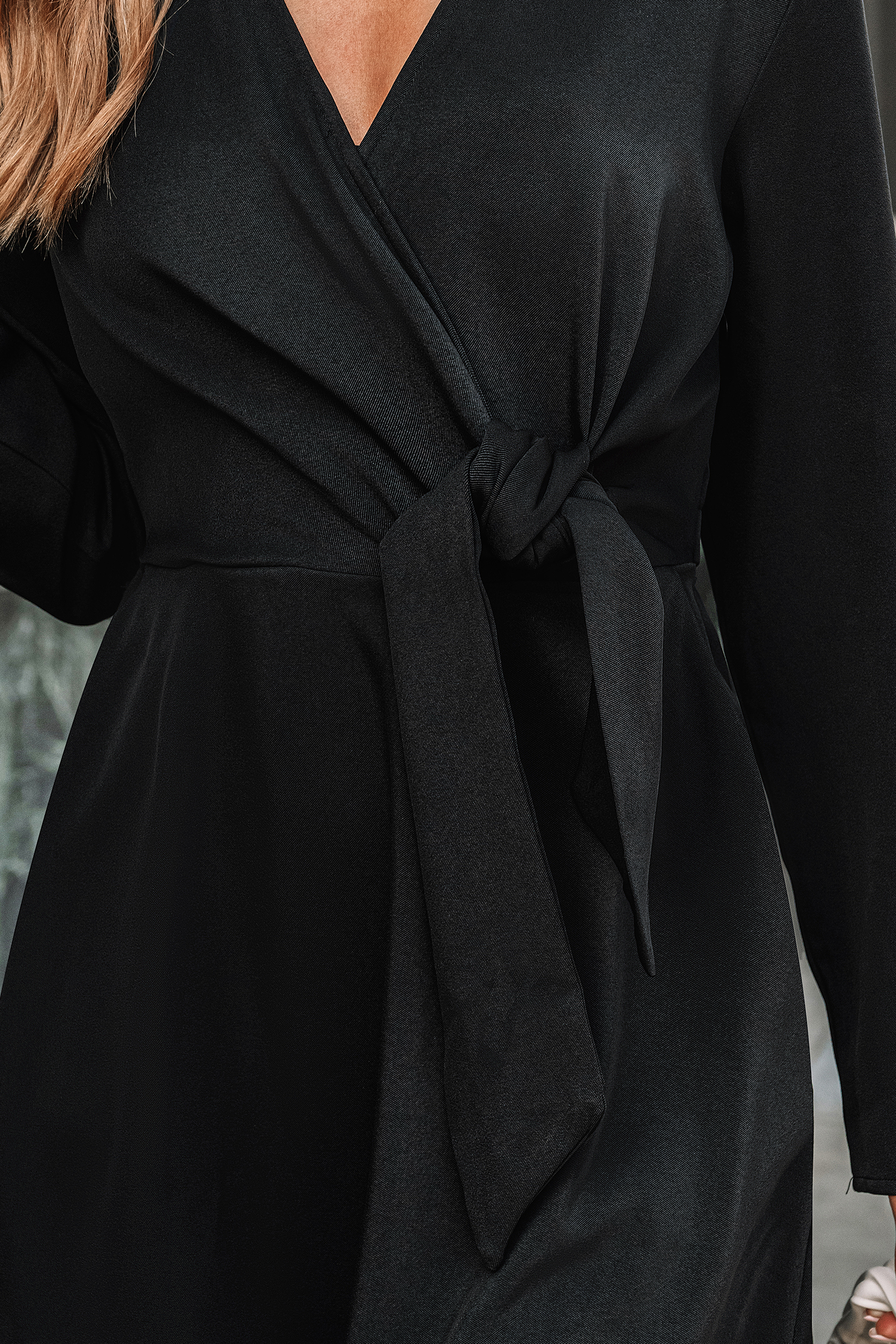 Black Surplice Long Sleeve Mini Dress