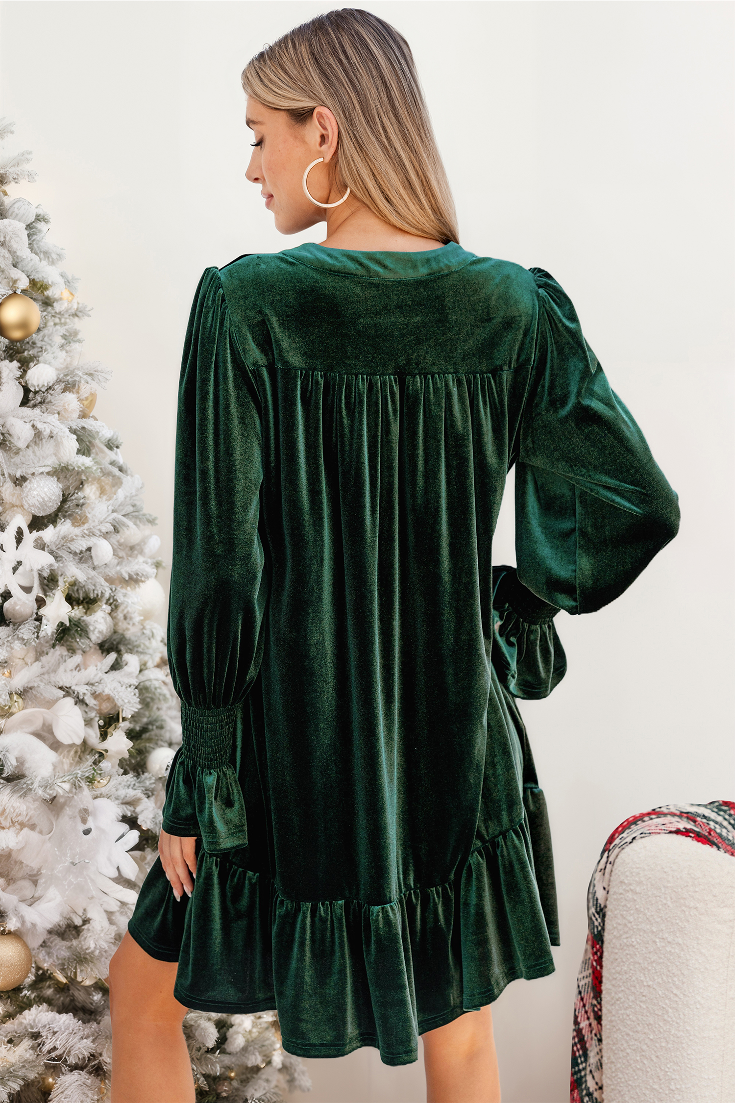 Green V-Neck Long Sleeve Smocked Mini Dress