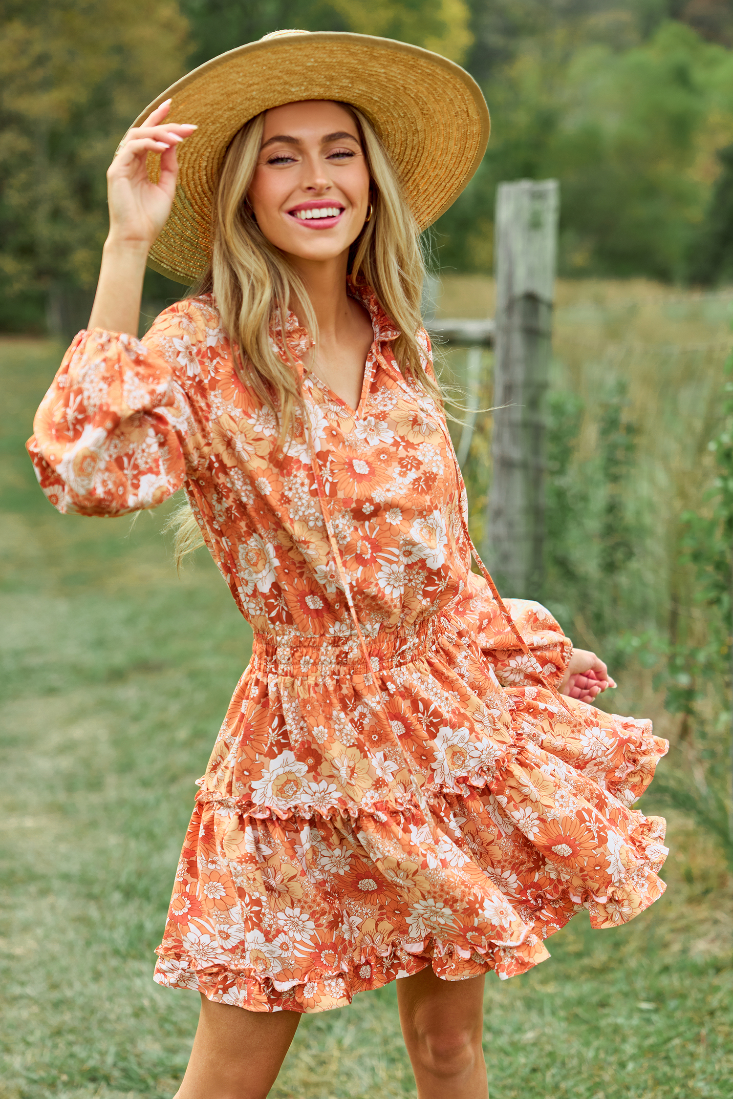 【CARAMEL】GINGER DRESS vintage floral 6y Burnt Orange Floral Blouson Sleeve Mini Dress