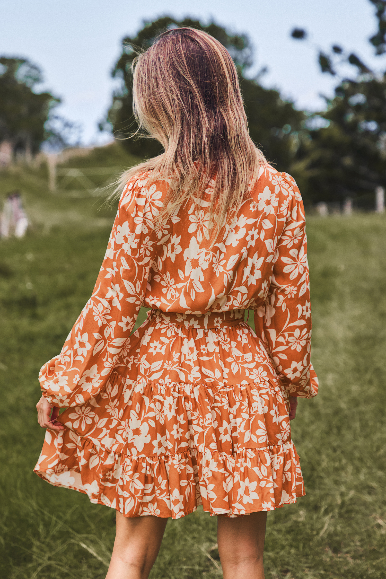 Burnt Orange Blouson Sleeve Mini Dress