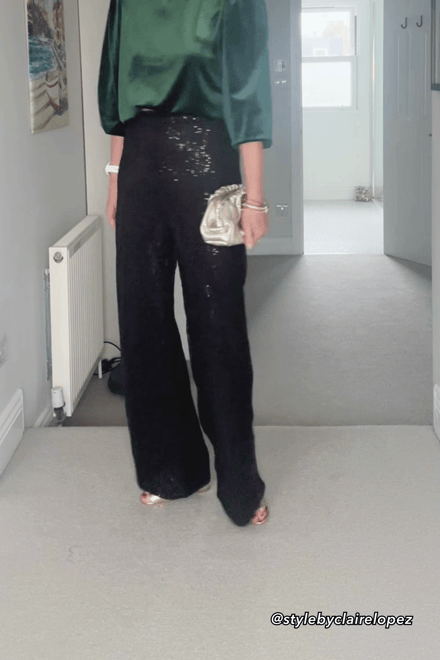 Black Sequins Wide Leg Jersey Trousers