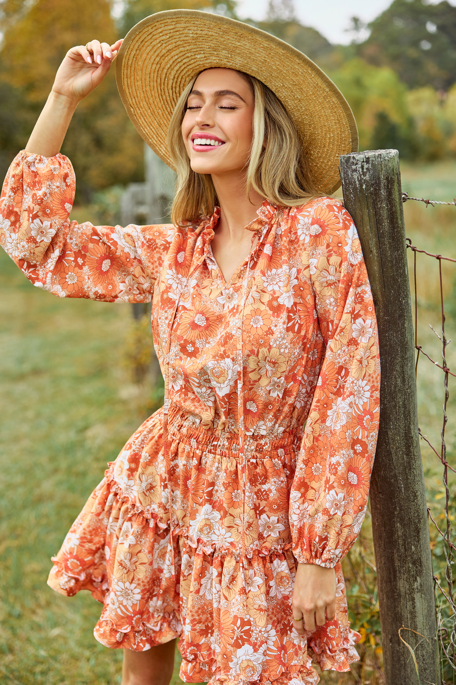Orange Retro Floral Split Neck Puff Sleeve Mini Dress