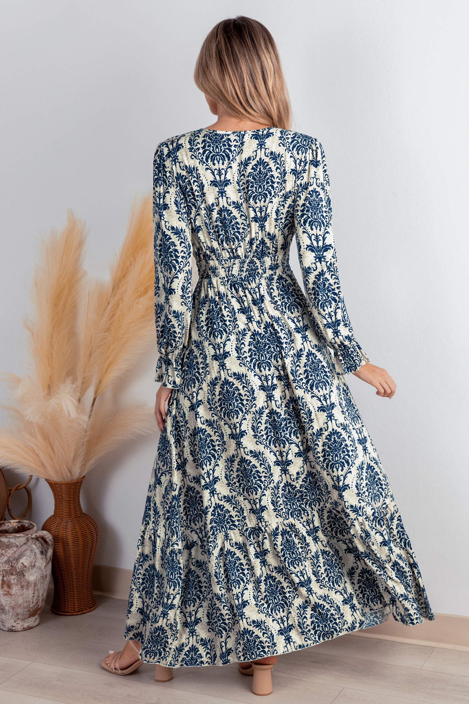 Cupshe Blue Damask Blouson Sleeve Ruffle Cuff Maxi Dress