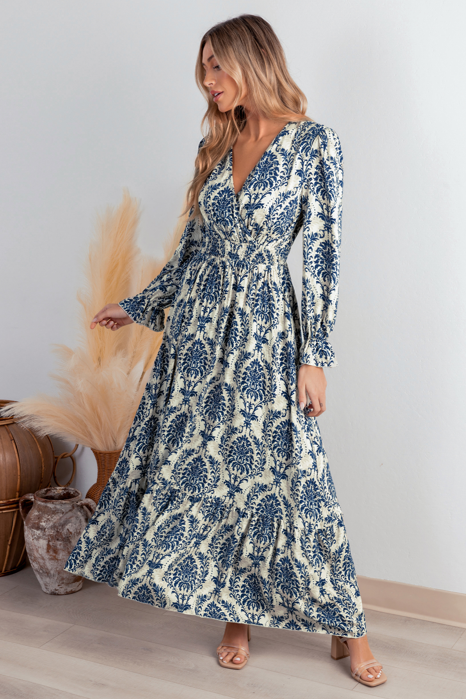 Cupshe Blue Damask Blouson Sleeve Ruffle Cuff Maxi Dress
