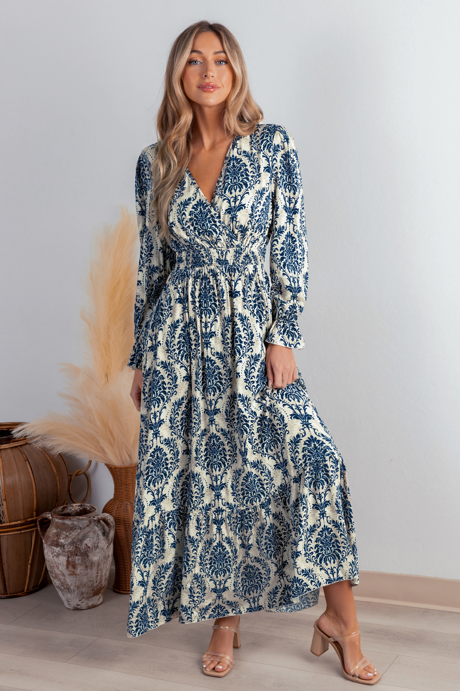 Cupshe Blue Damask Blouson Sleeve Ruffle Cuff Maxi Dress