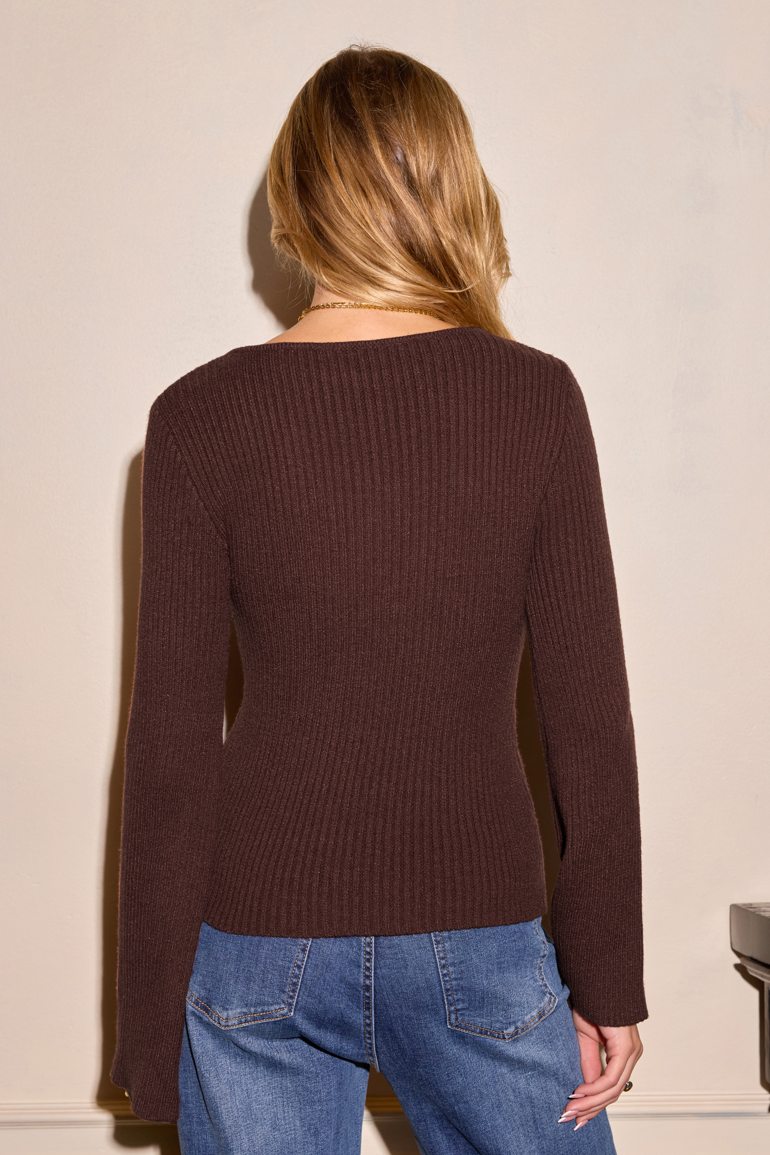 Brown Boat Neck Knit Top
