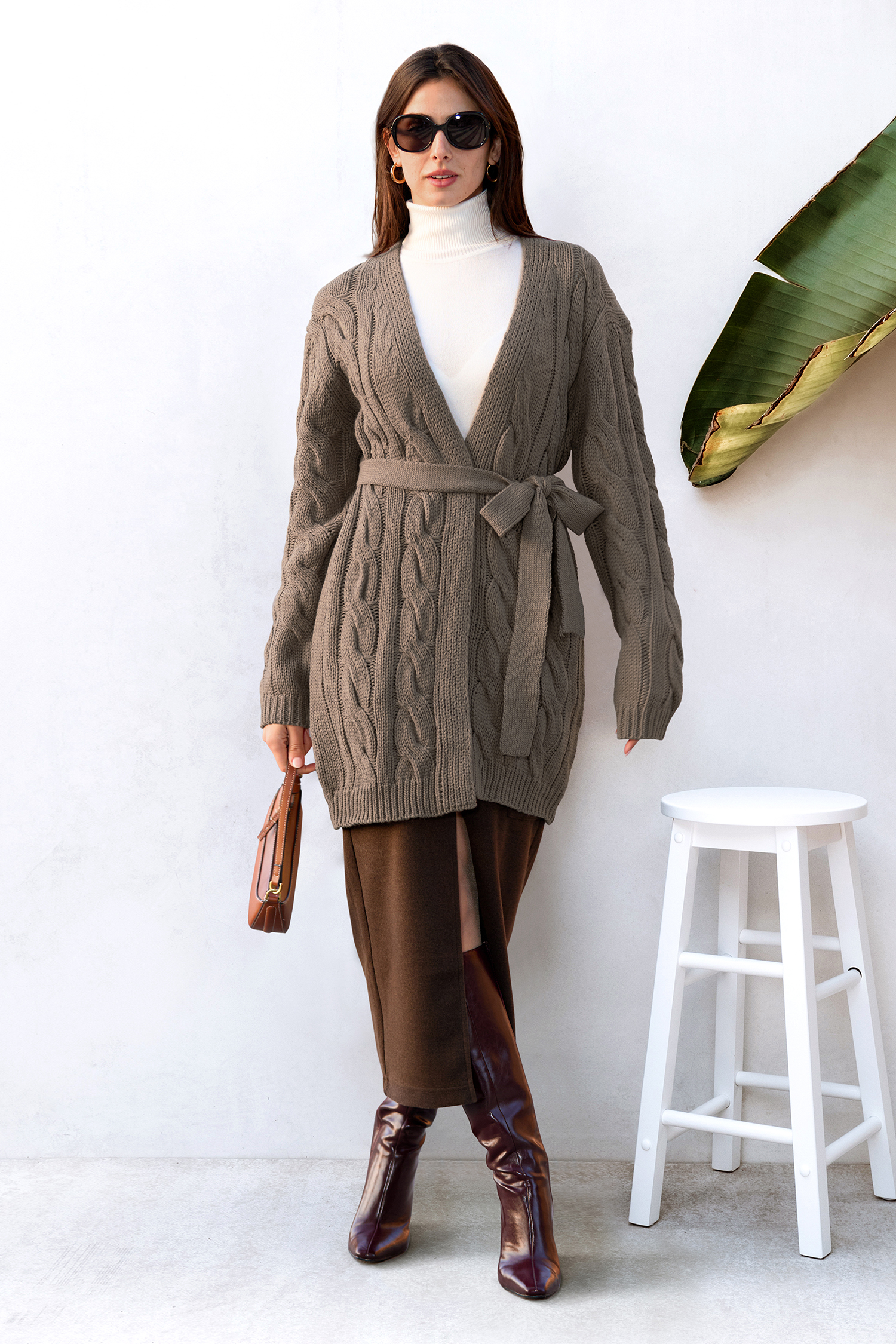 トップス Ounce / twinkle wing cardigan (camel) Camel Long Sleeve Belted Knit Cardigan