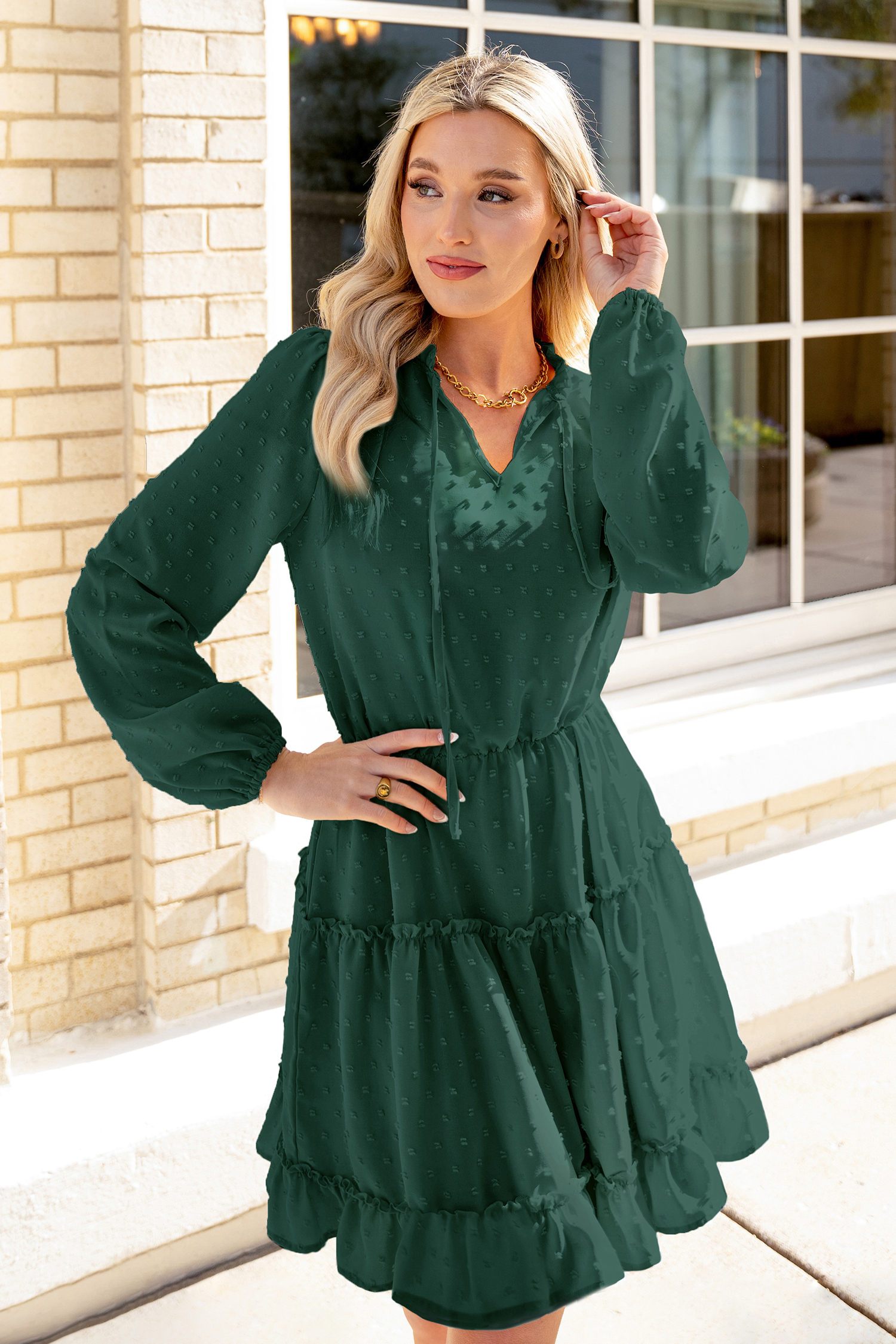 Dark Teal Blouson Sleeve Dress
