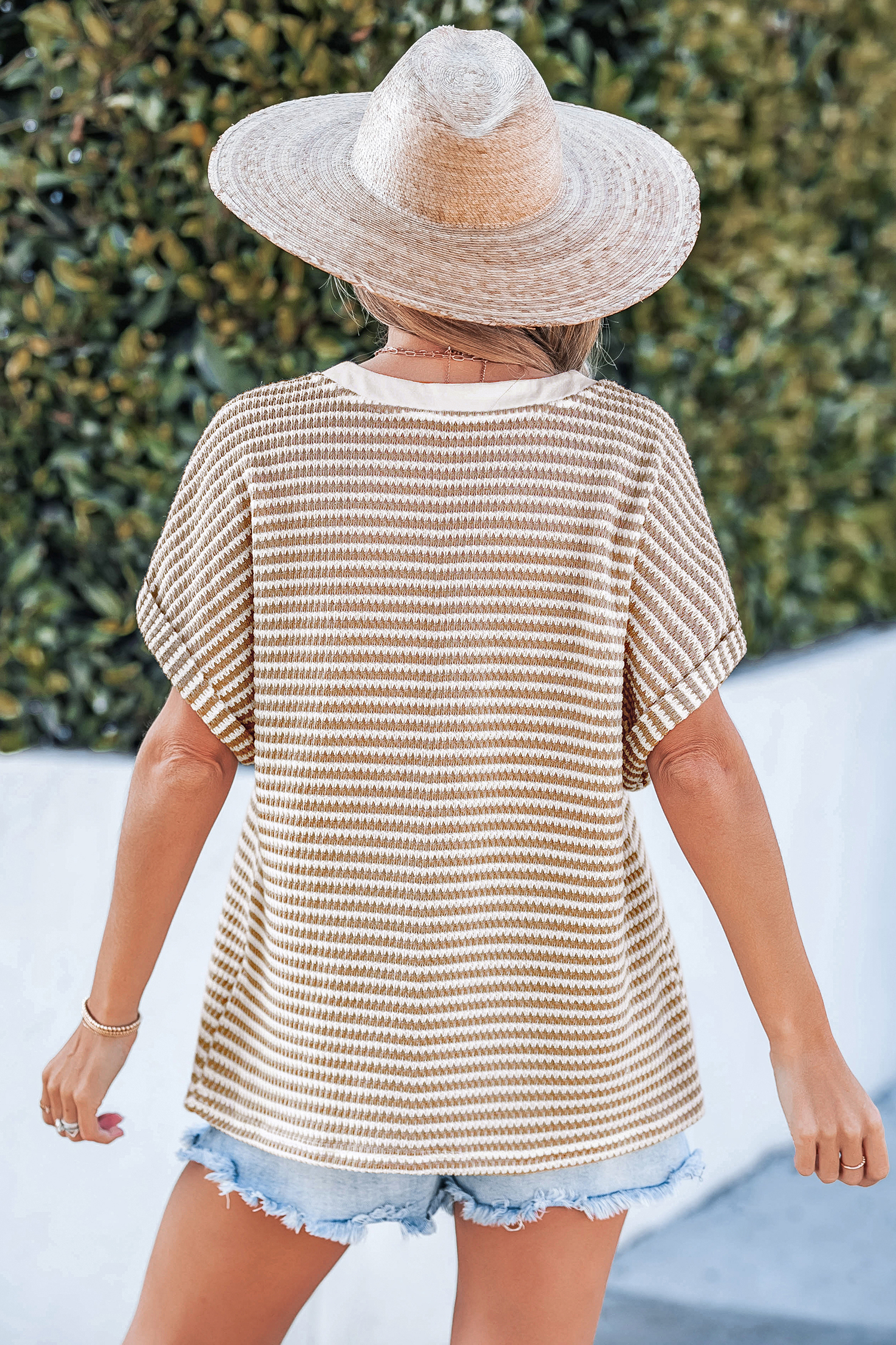 Striped V-Neck Front Button Jersey Top