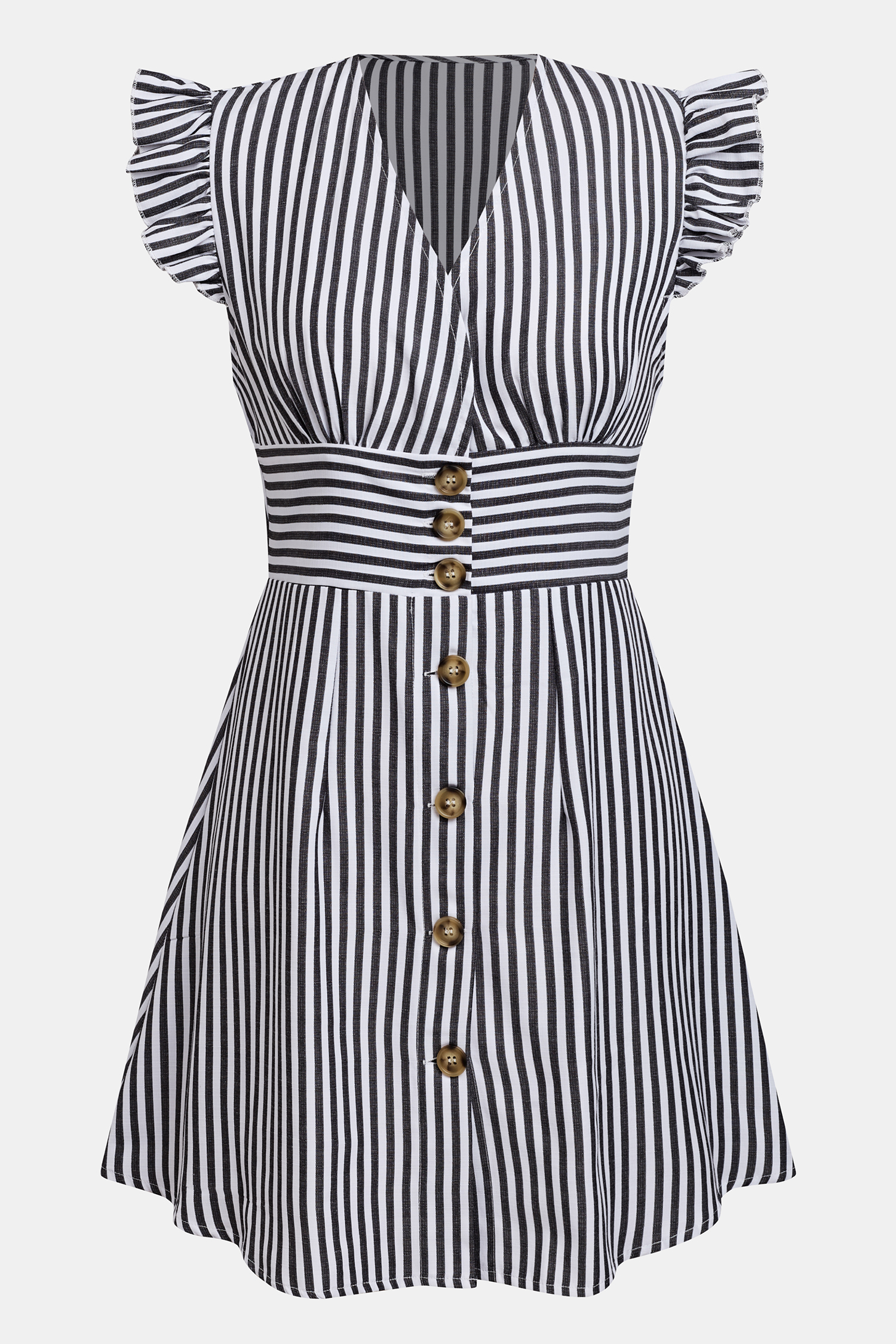 Black Striped V-Neck Flutter Sleeve Mini Dress