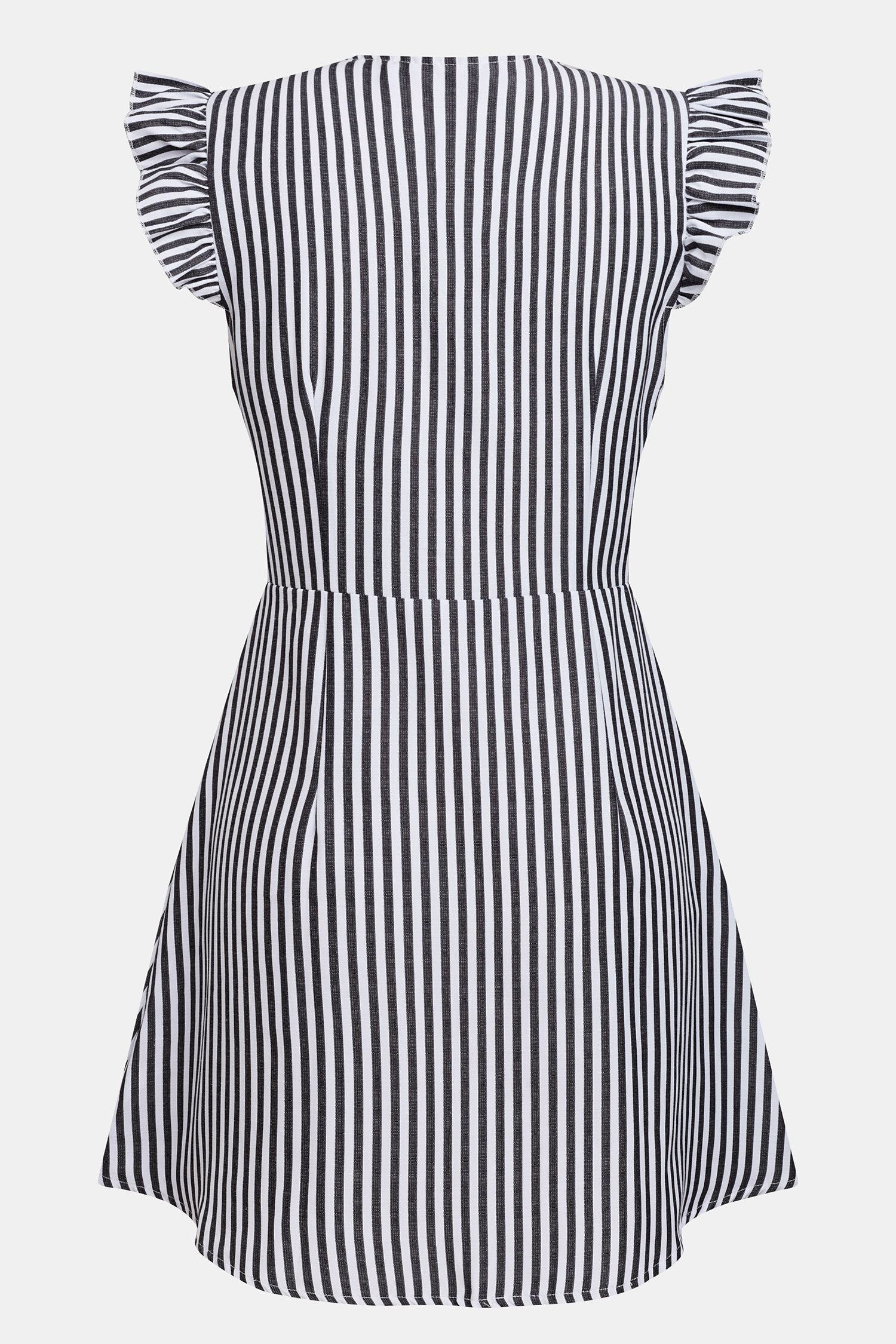 Black Striped V-Neck Flutter Sleeve Mini Dress