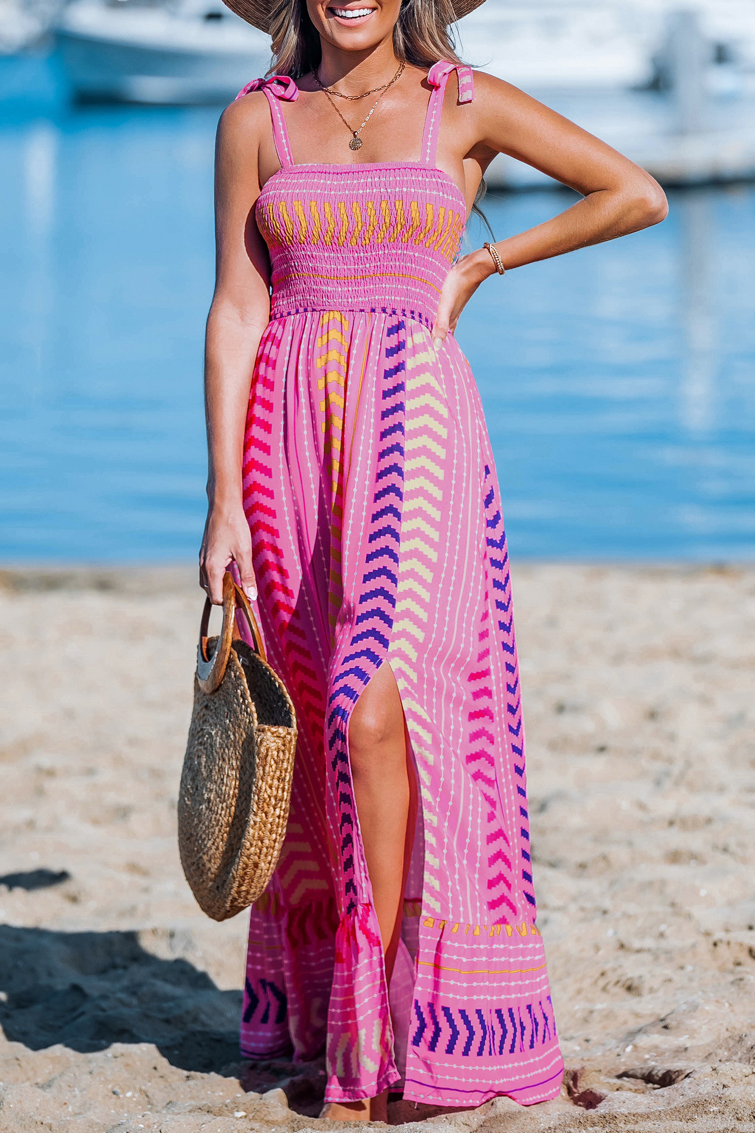 スカート y's stripe shoulder strap dress Pink Chevron Striped Self-Tie Strap Maxi Dress