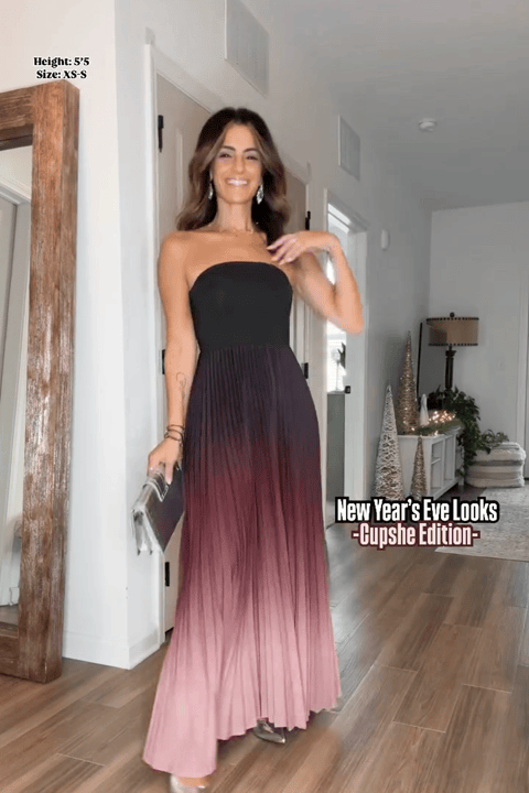 Robe longue plissée sans bretelles rouge et ombrée