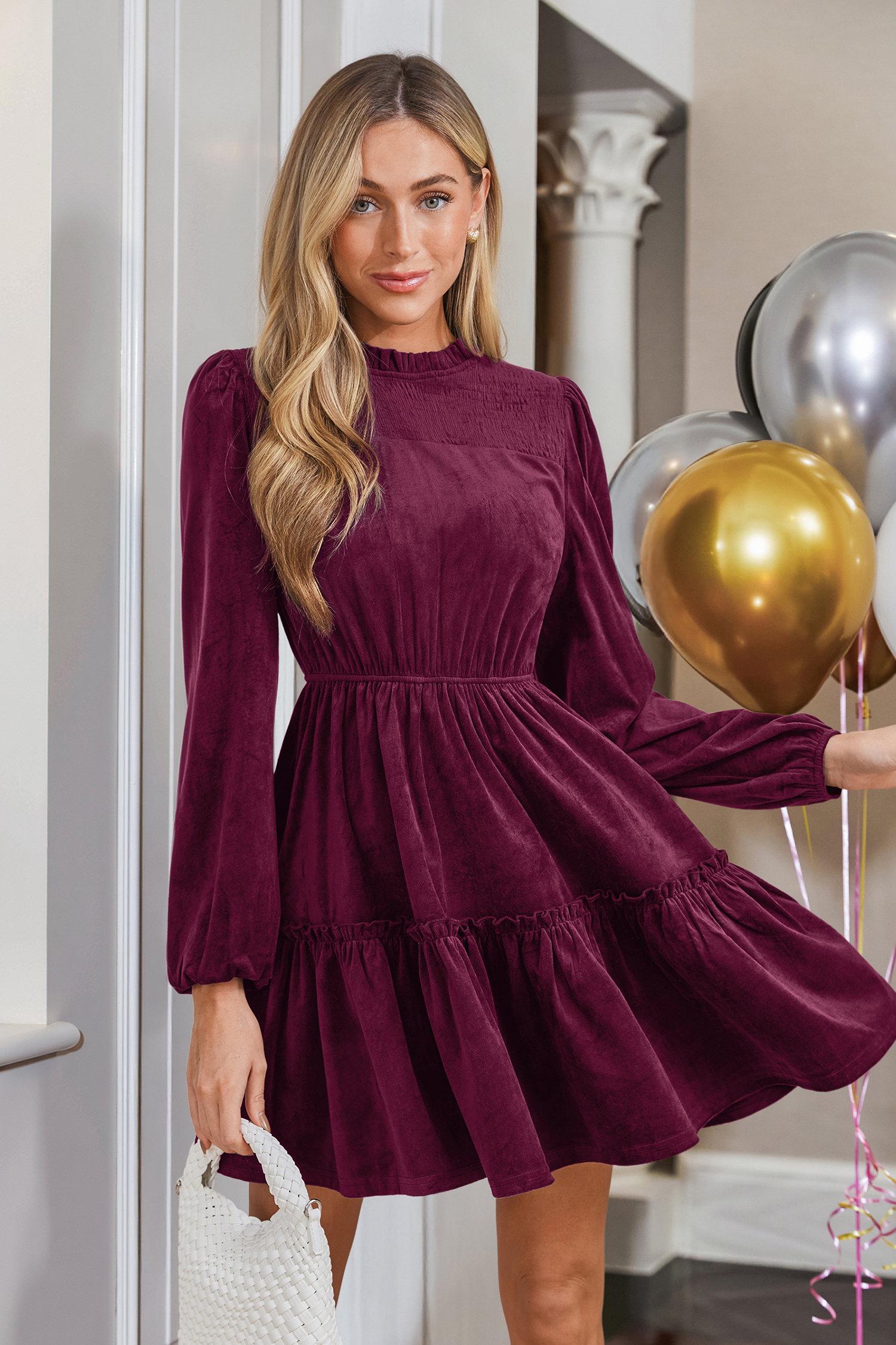 Red Round Neck Bubble Sleeve Ruffled Hem Dress