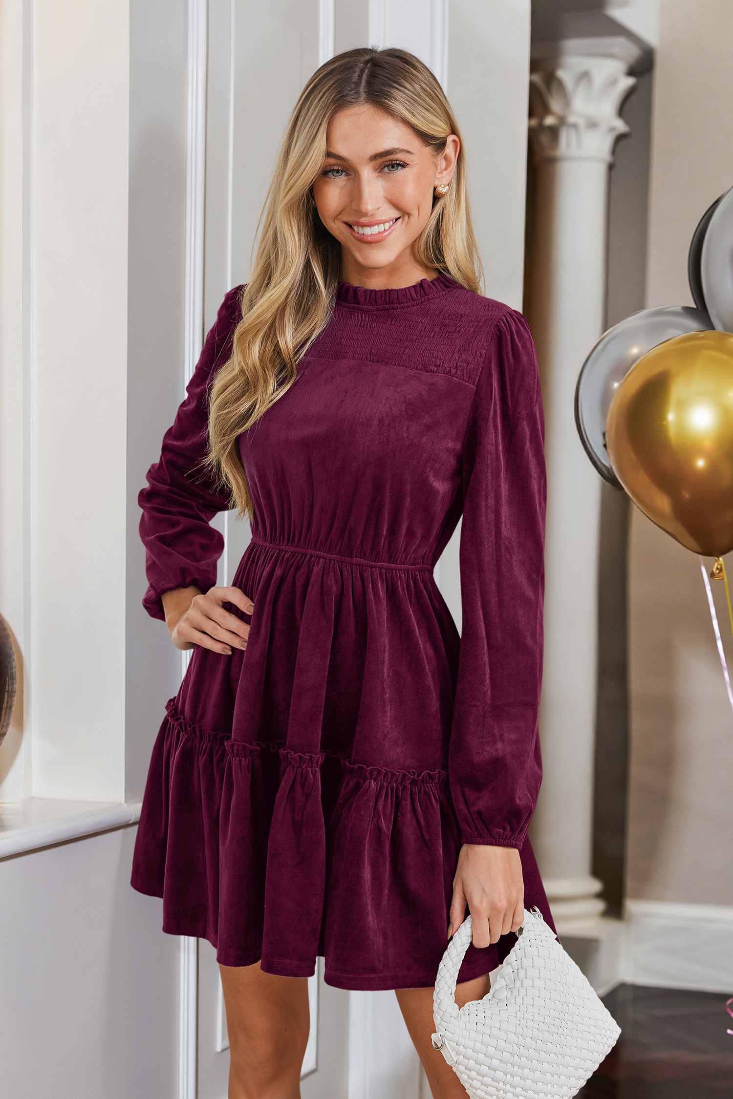Red Round Neck Bubble Sleeve Ruffled Hem Dress