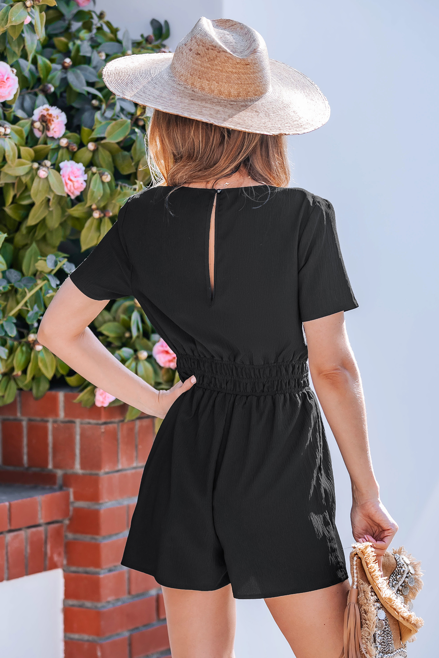 Black Notched Neck Wide Leg Romper
