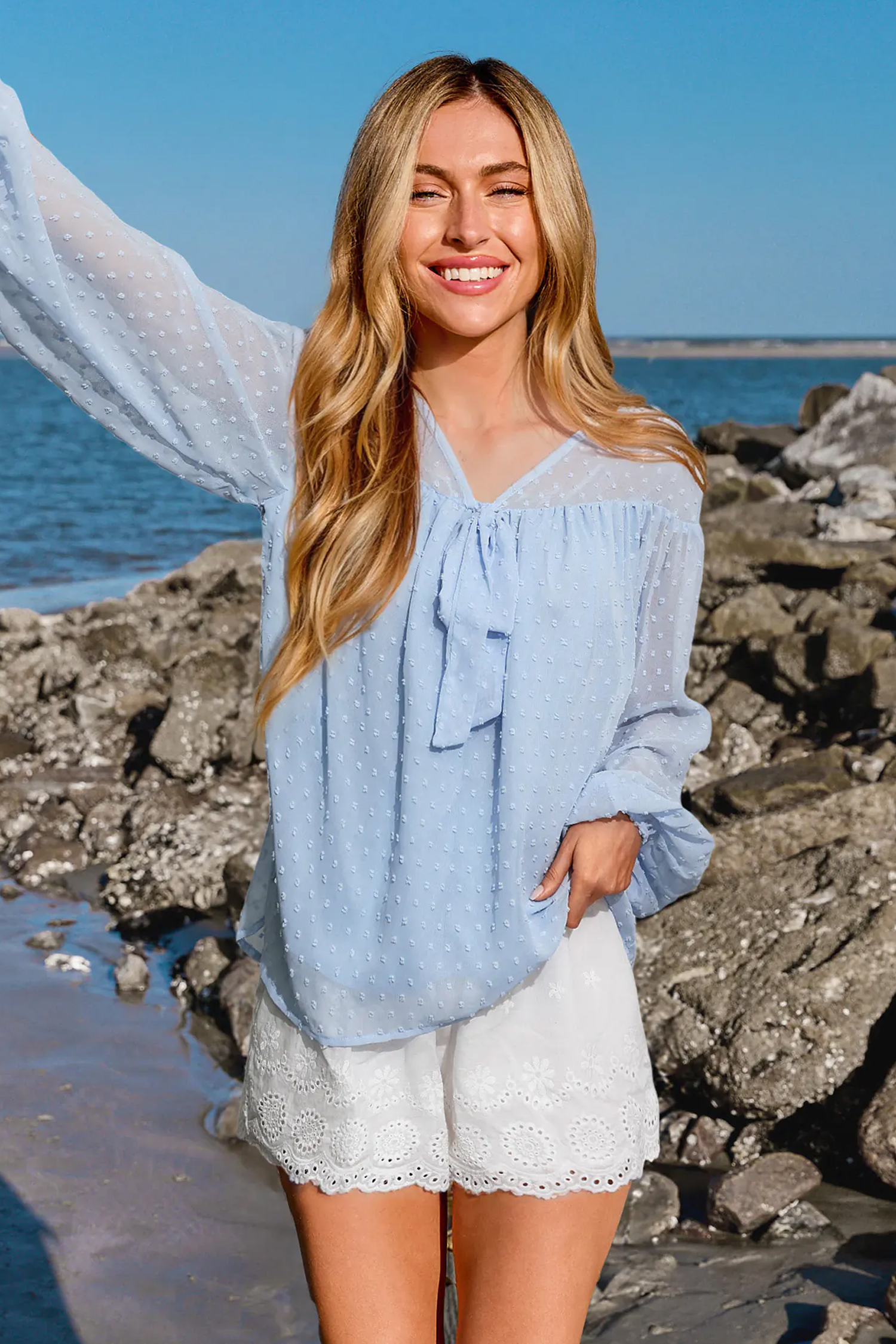 Light Blue Swiss Dot Long Sleeve Sheer Top