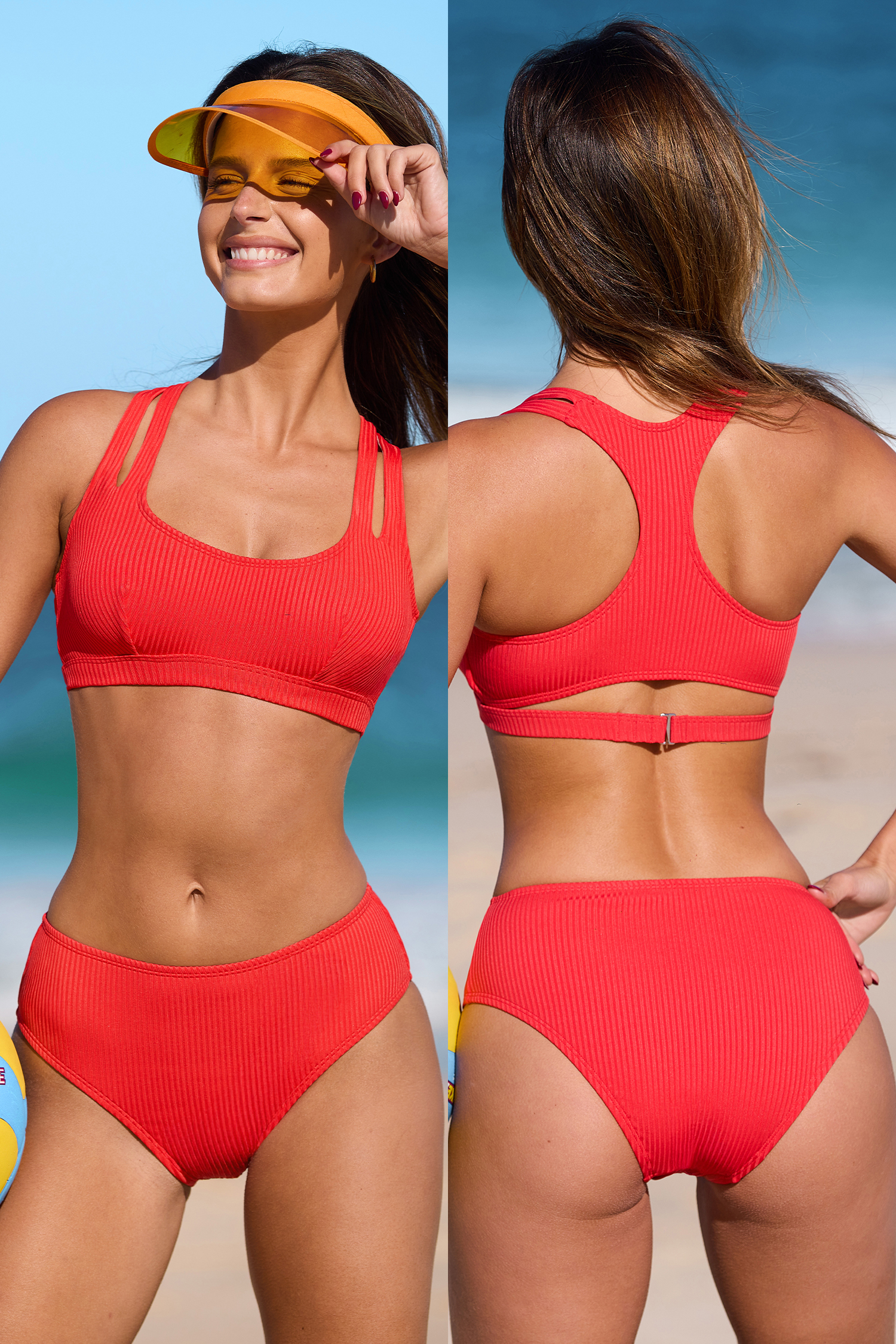 Red Sporty Scoop Neck Racerback Bikini Top & Mid-Rise
