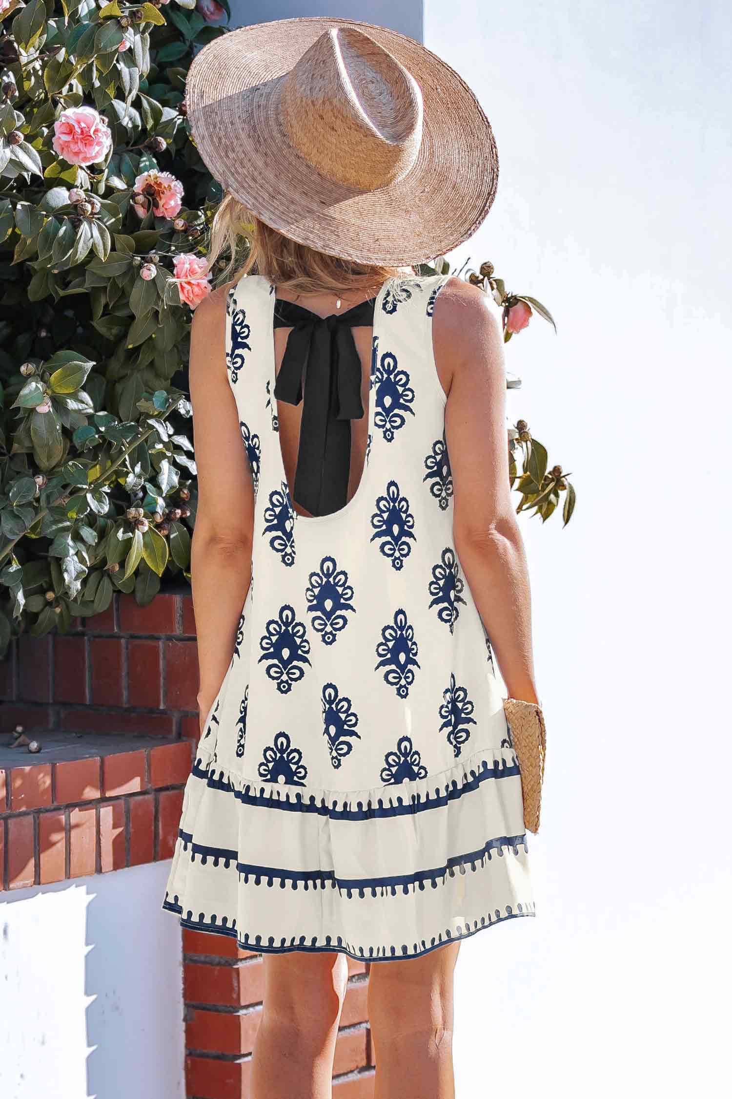 Blue Ornate Sleeveless Ruffled Hem Mini Dress