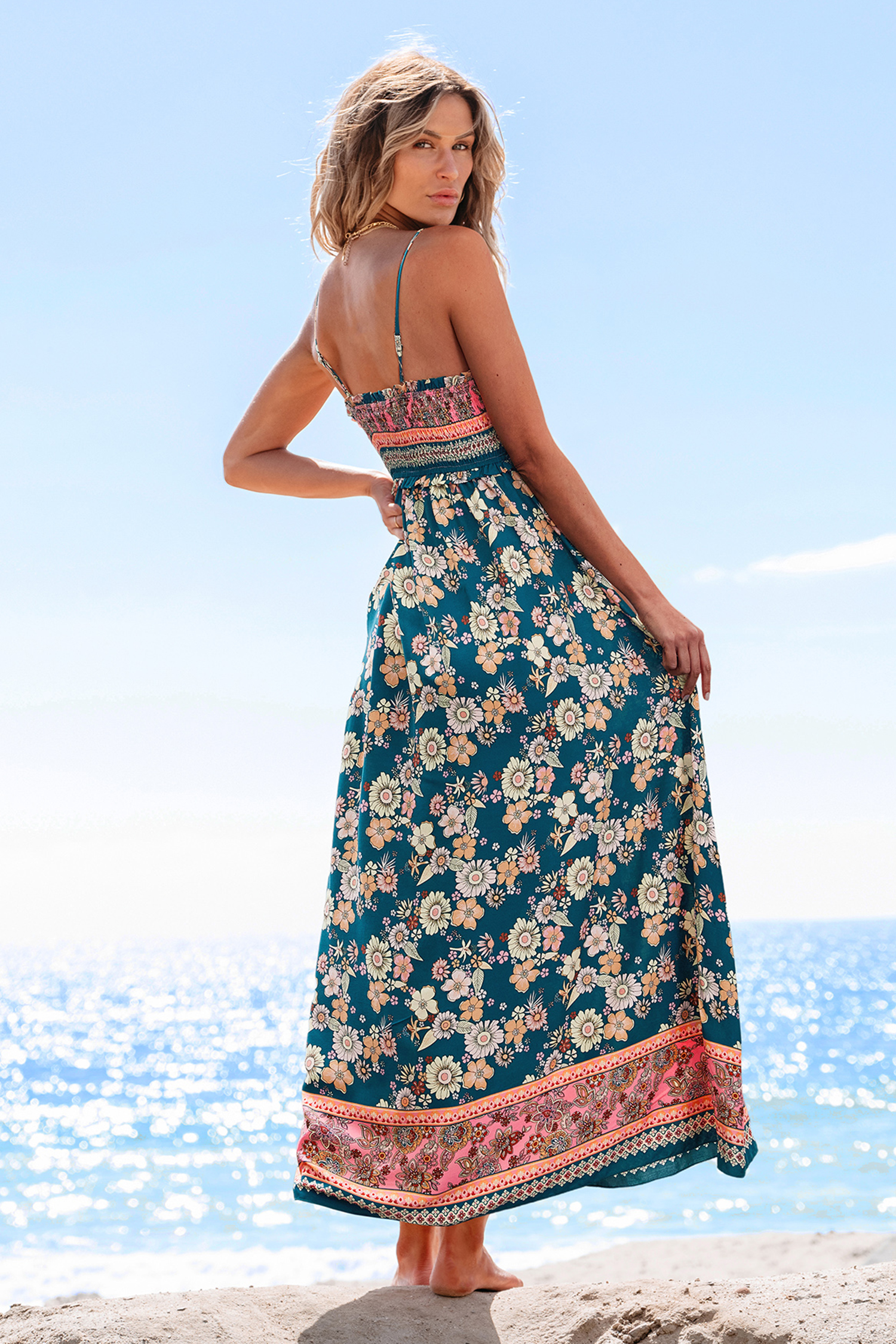 Blue & Pink Floral Sleeveless Square Neck Maxi Dress