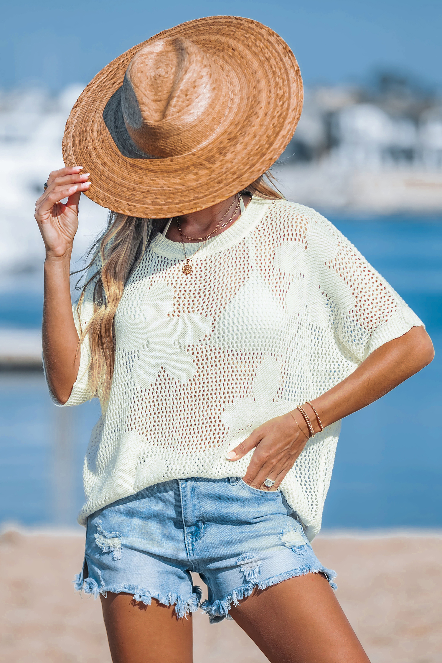 むぎちゃむFRILL HALF SLEEVE HAND KNIT TOPS セール】FRILL HALF SLEEVE HAND KNIT TOPS（その他トップス