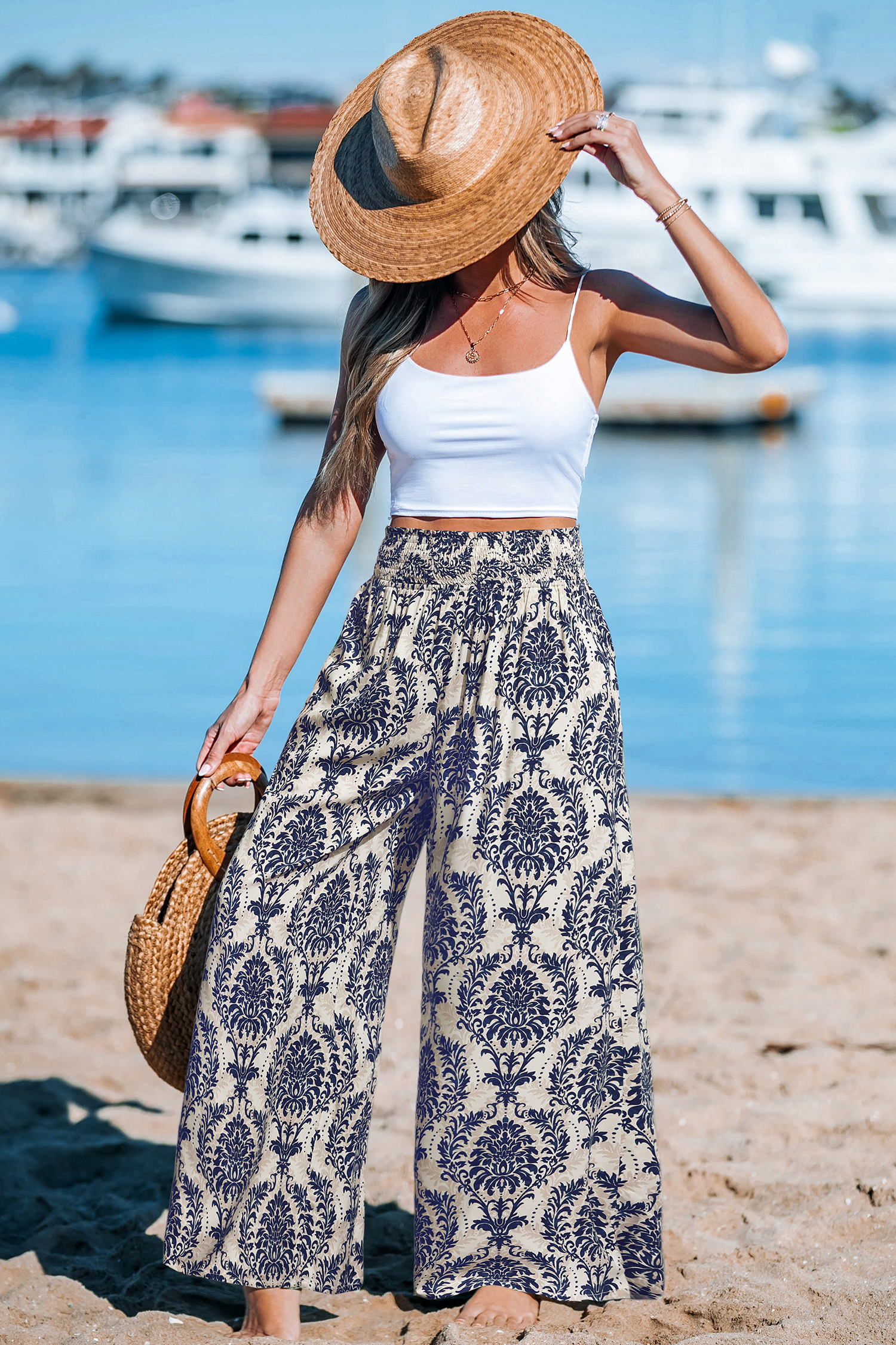 Green Damask Wide Leg Pants