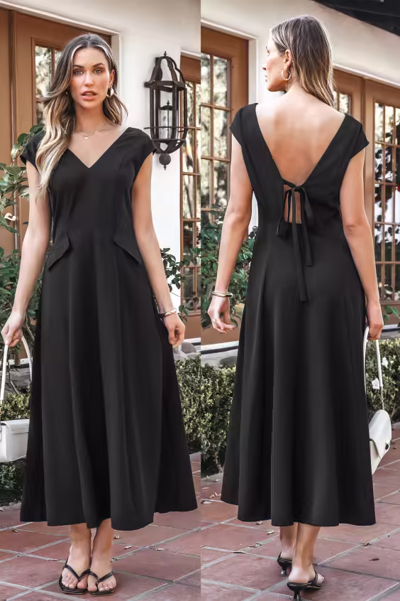 Schwarzes Ärmelloses V-Ausschnitt Maxikleid