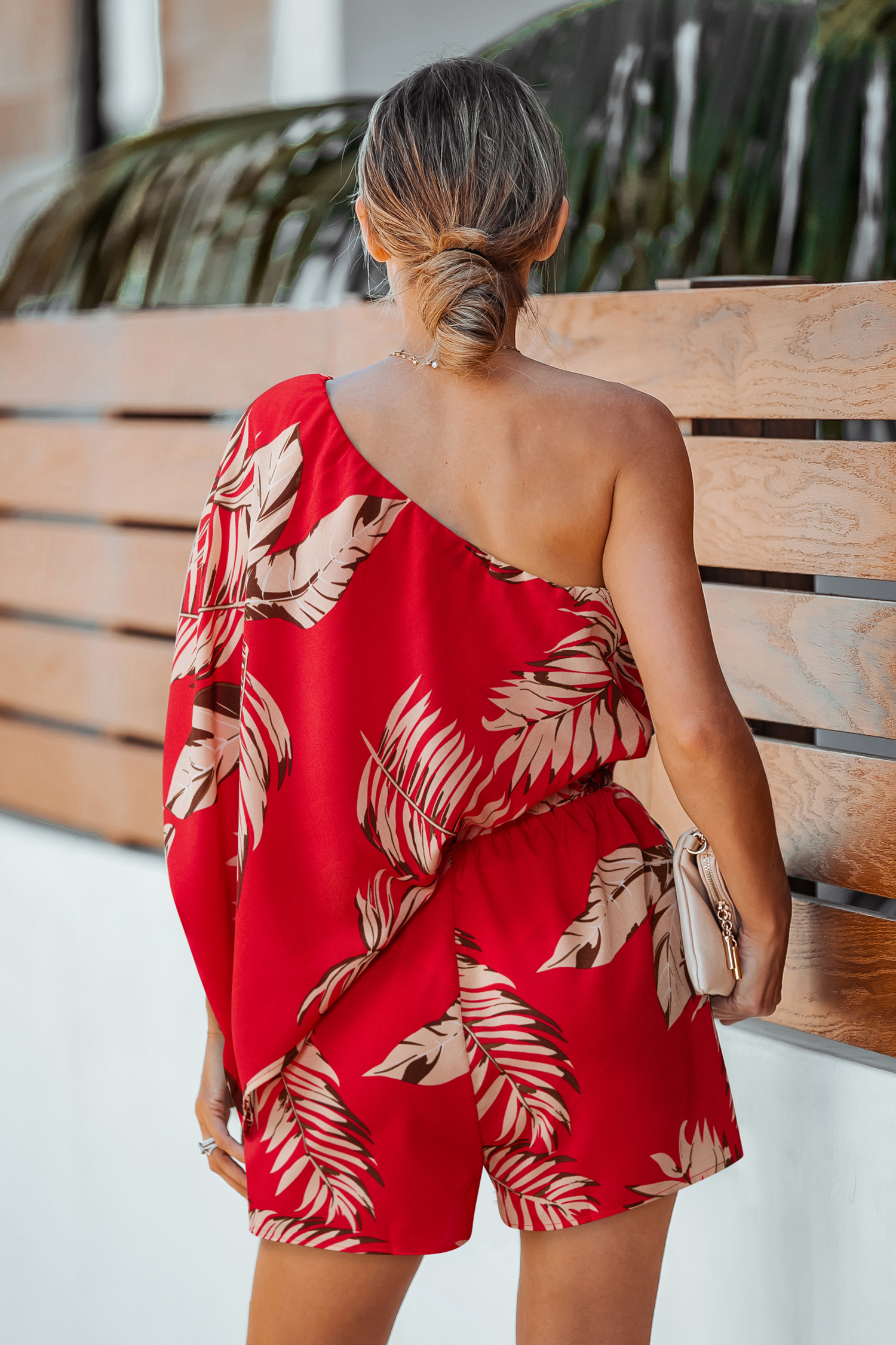 Green Tropical Leaf Print One-Shoulder Romper