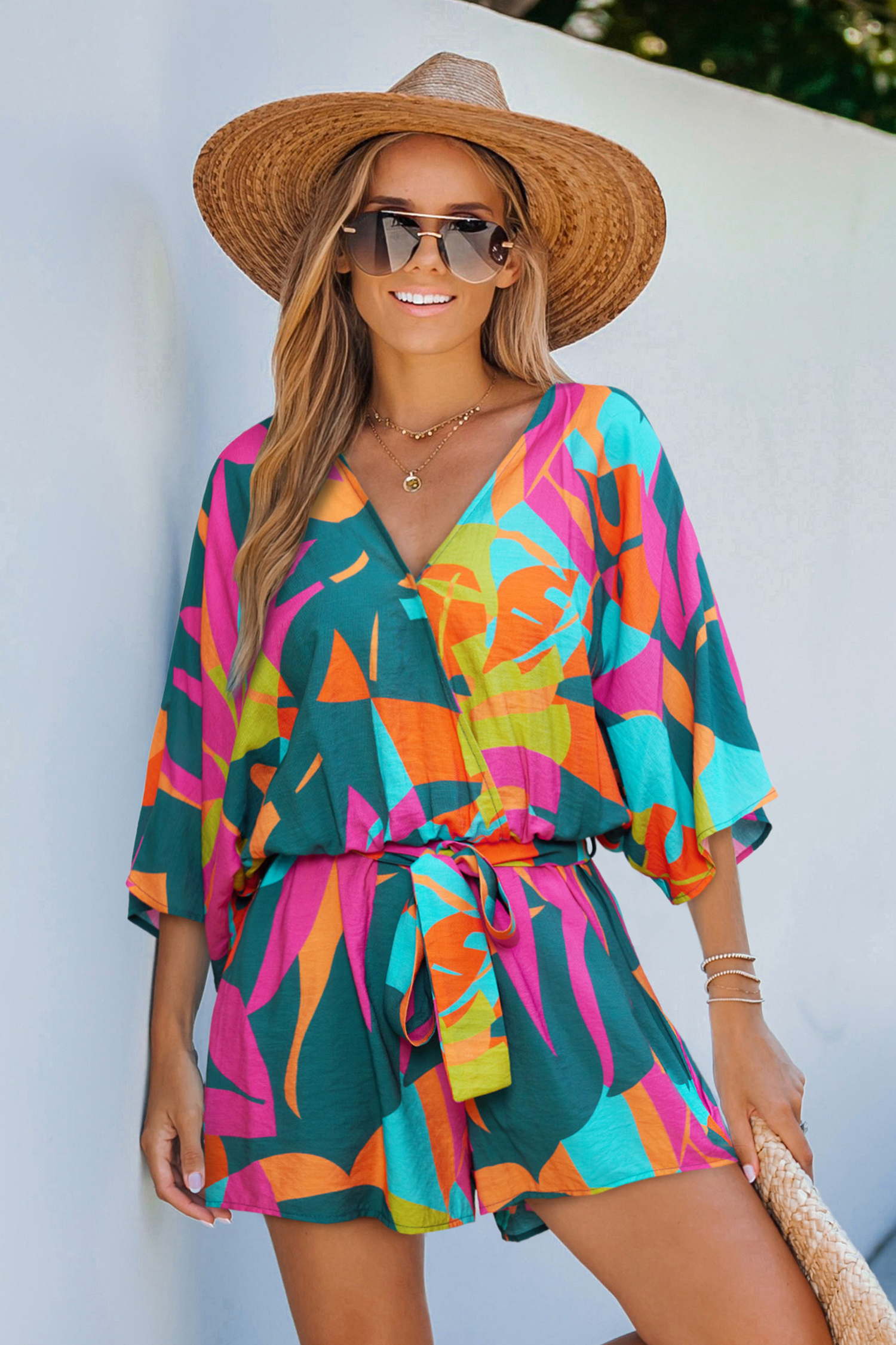Tropical V-Neck Romper with Half Sleeves for Vacation