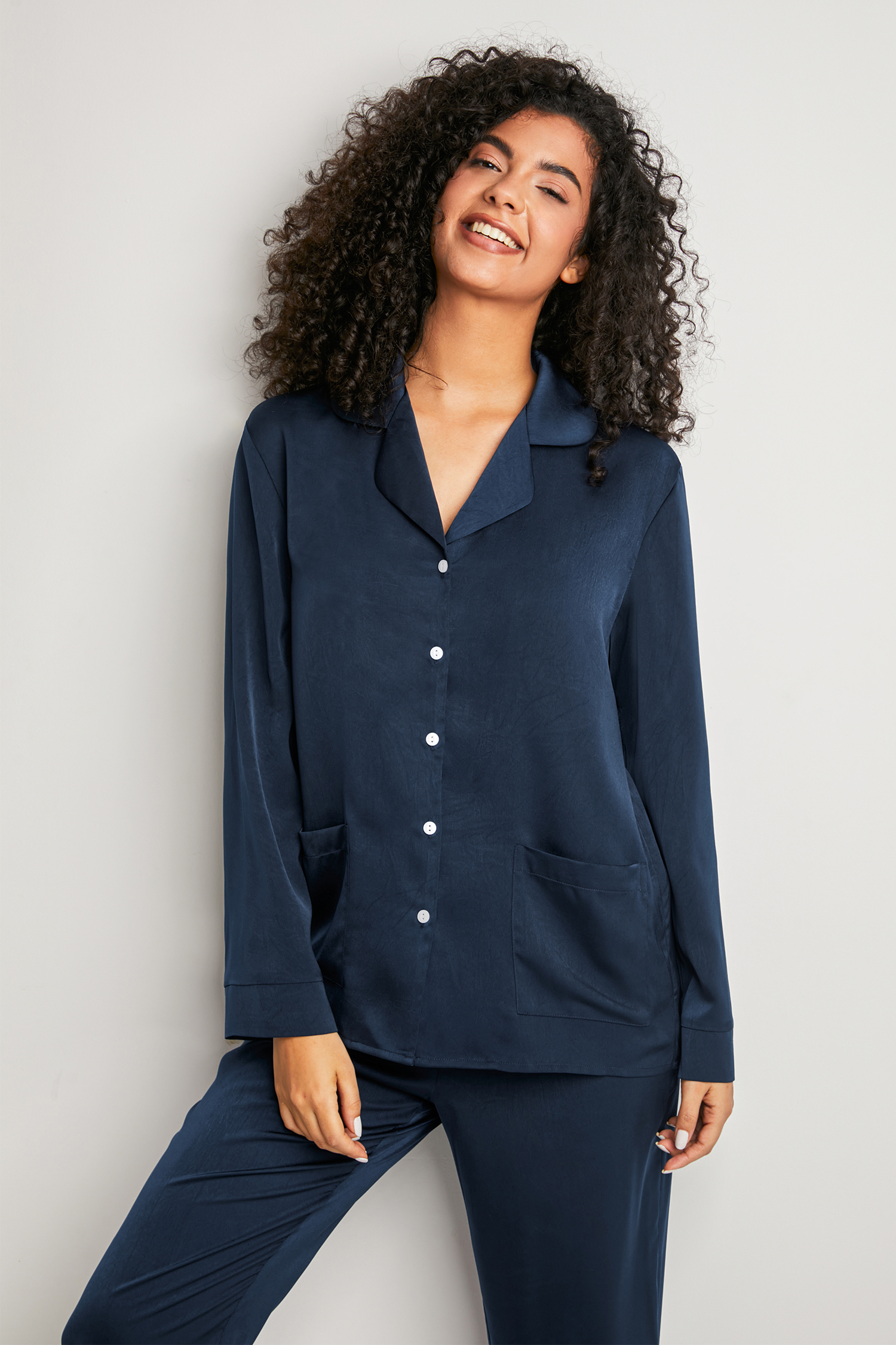 Blue Satin Collared Pajama Top & Pants Set