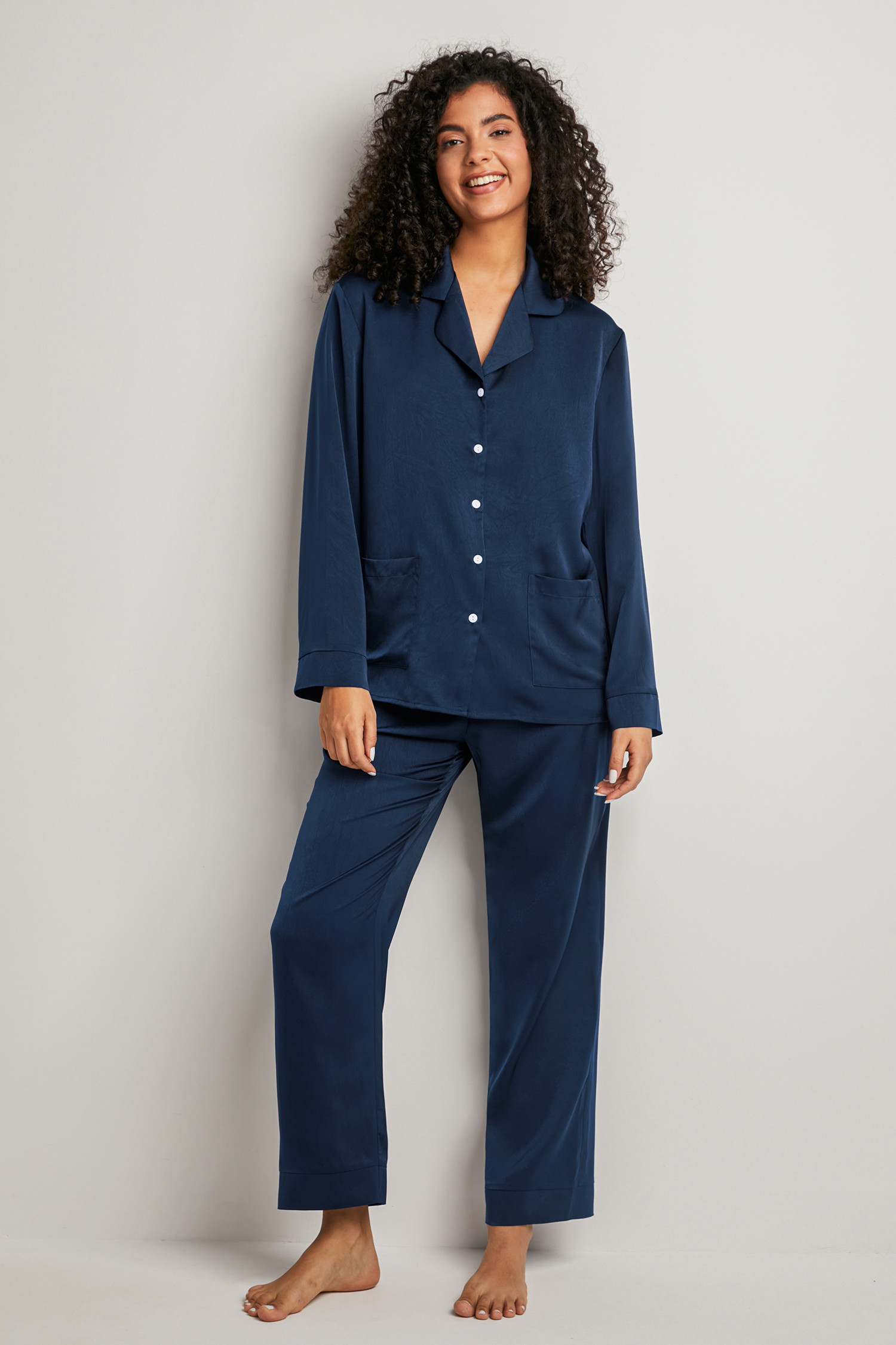 Blue Satin Collared Pajama Top & Pants Set